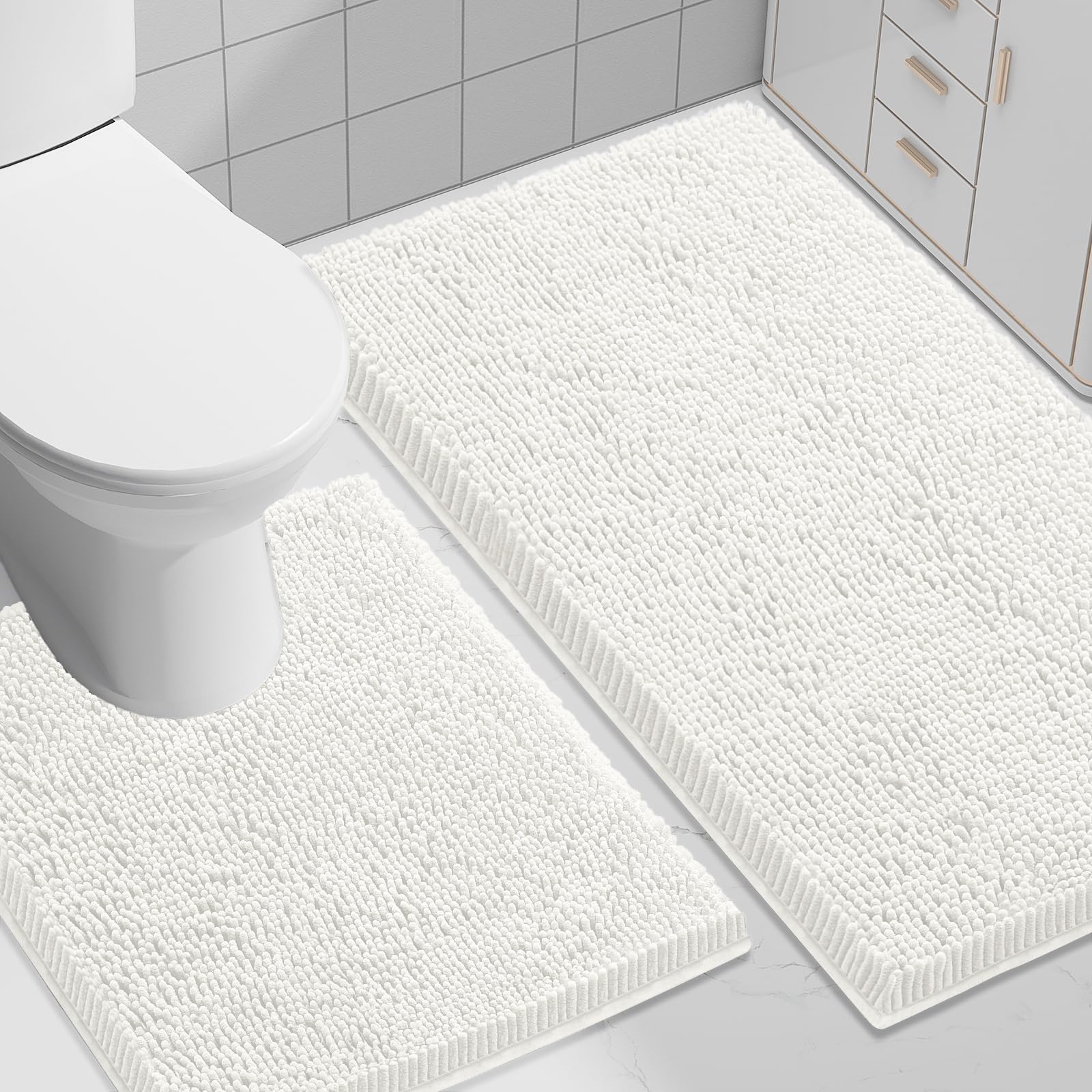 Smiry Chenille Bathroom Rugs Sets 2 Piece (30x20+ U Shape 24x20, Ivory)