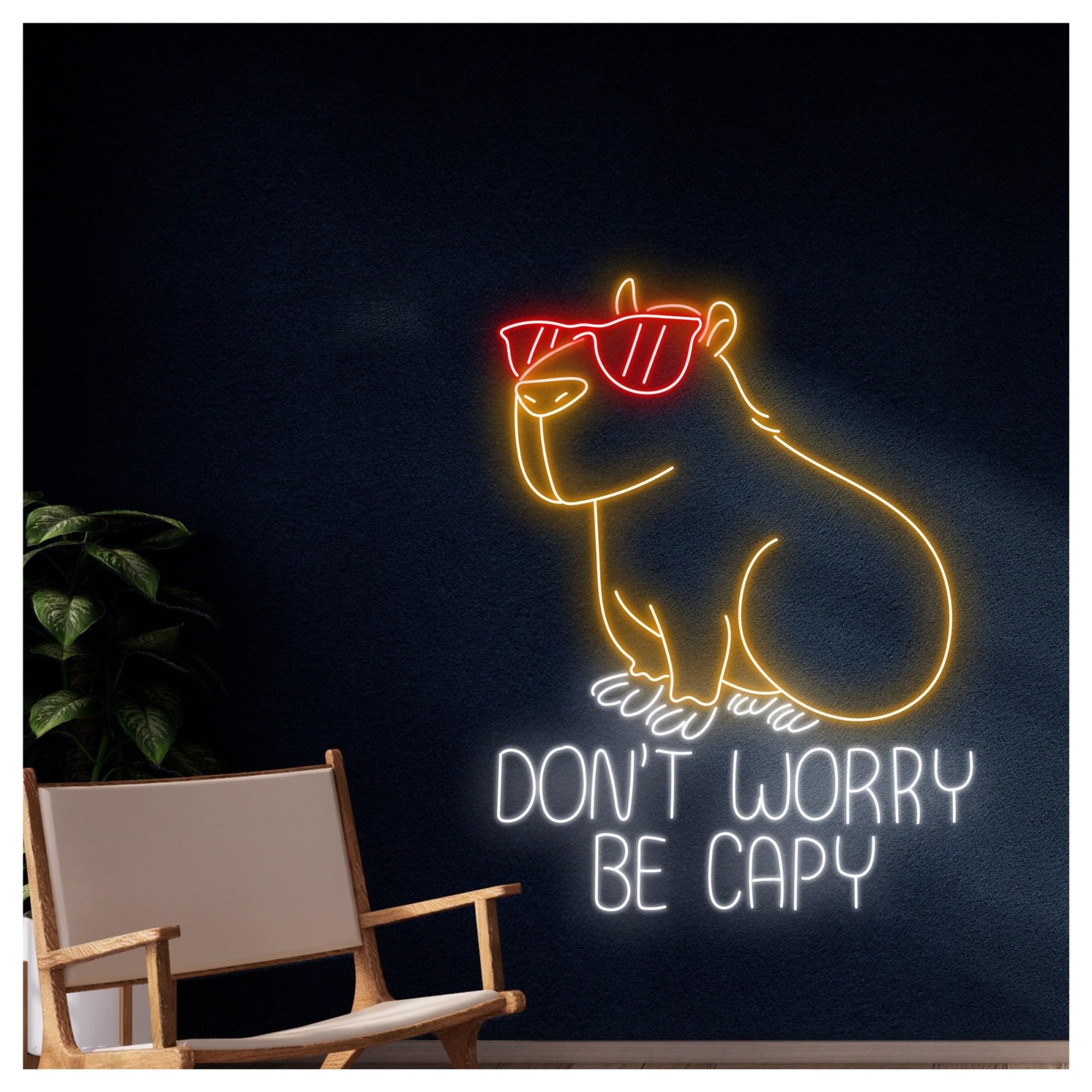 Hanging Art Neon Signs Don't Worry Be Capy Capybara in Glasses Neon Sign, Suitable for Nursery Room Decor 50cm