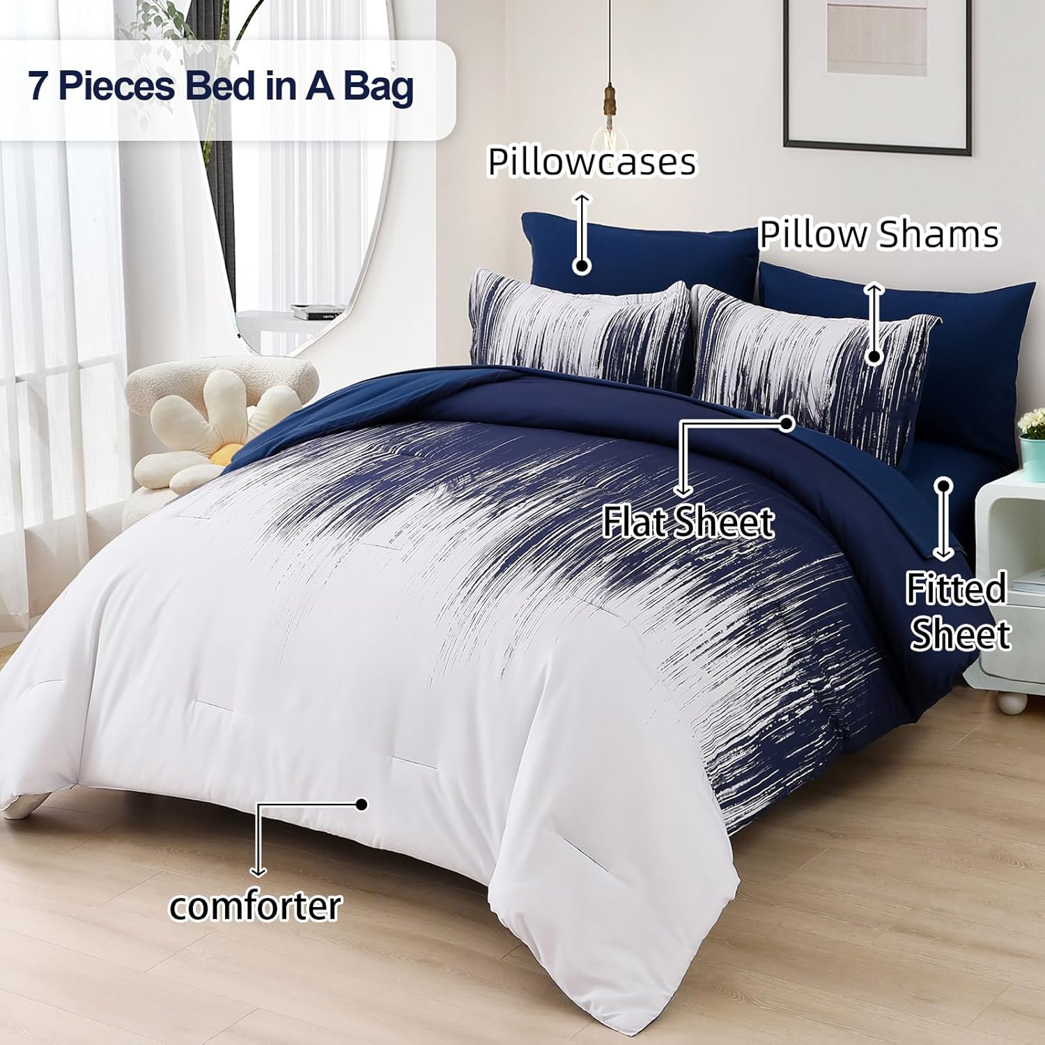 Dinjoy Ombre Blue Comforter Set Queen Size Gradient Navy Blue White Boho Bedding Set for Teen Men Women 7 Pieces Bed in A Bag Bohemian Bed Set with Comforter, Sheets, Pillowcases & Shams - Image 2