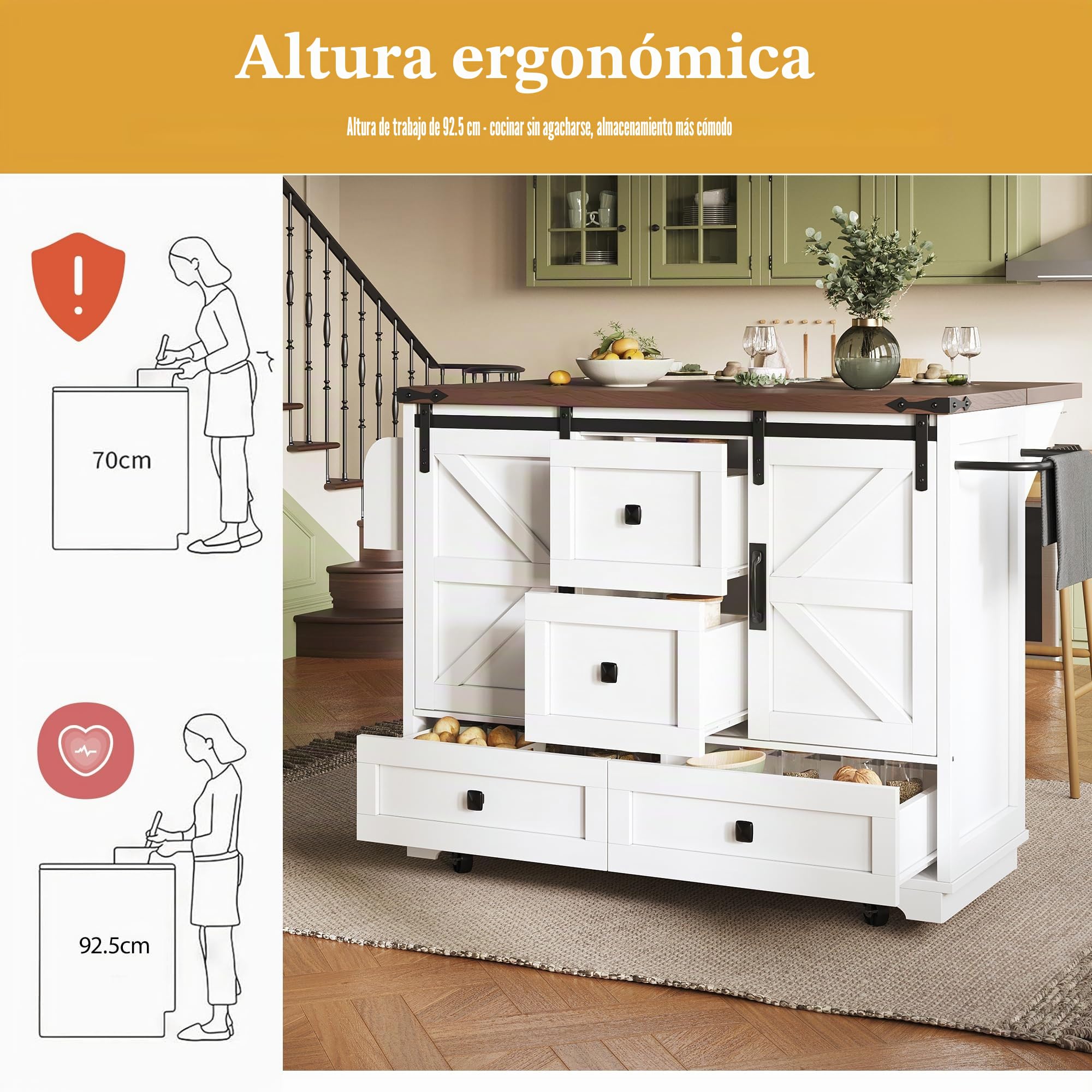 Carrito de cocina multifuncional con mesa plegable, isla de cocina móvil, bar, aparador con espacio de almacenamiento, carrito de servir con tres cajones y dos puertas de armario