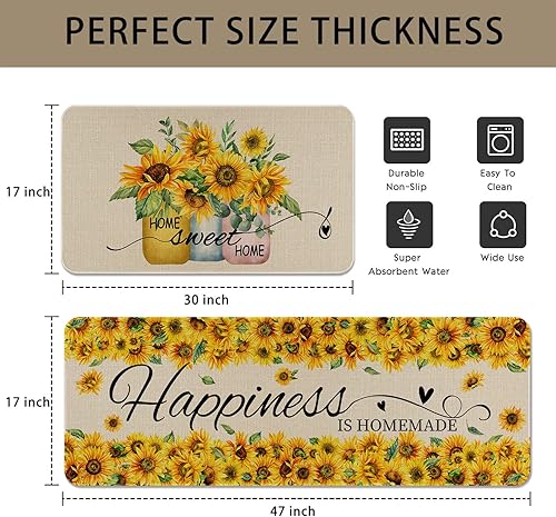 Miniatura 3 de Eikunn Juego de 2 alfombras y tapetes de cocina de girasol, alfombras de cocina de granja para piso, antideslizantes, absorbentes, lavables,