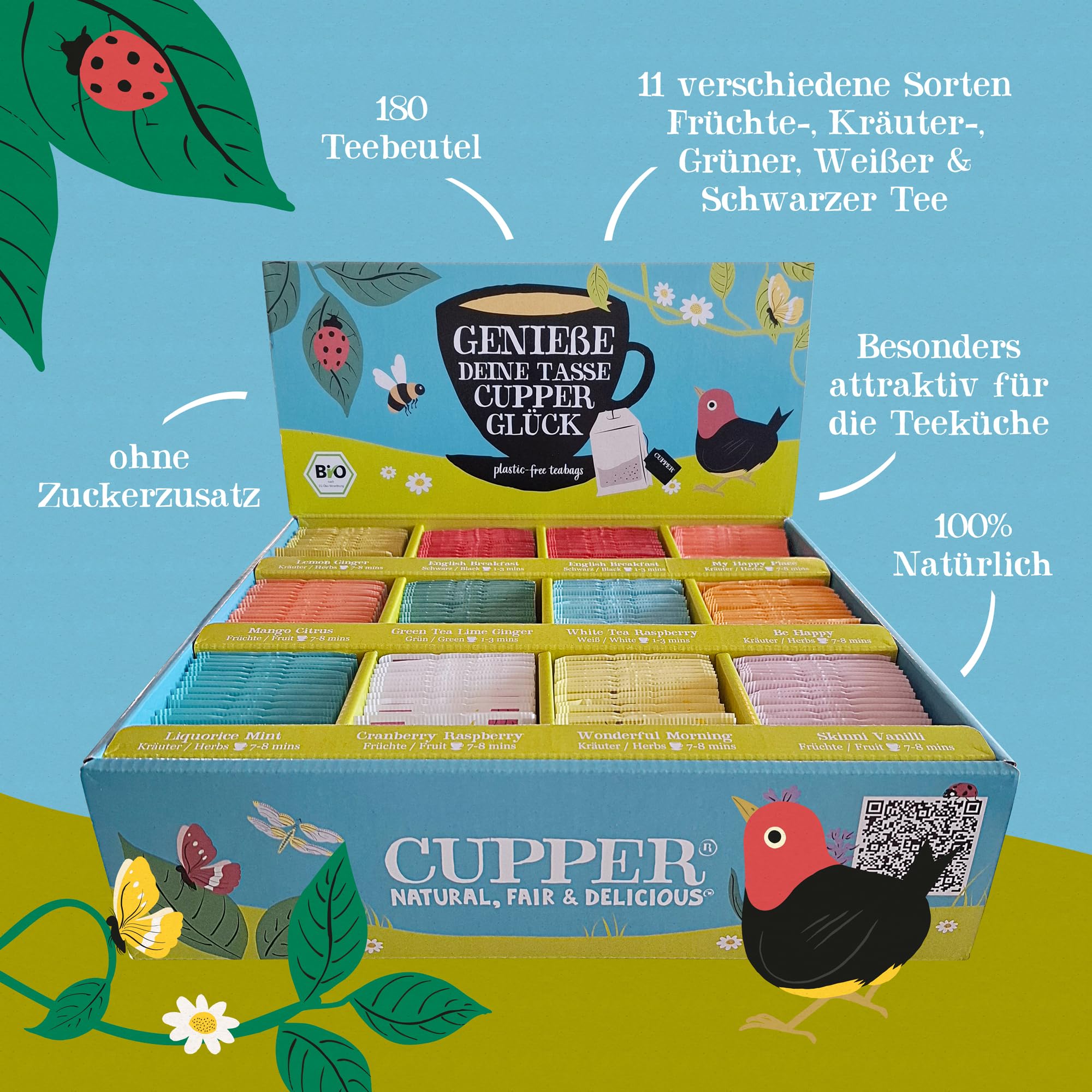 Cupper Bio Tee Probierbox | 11 Sorten | 180 Teebeutel Geschenkset | Kräuter-, Früchte- & Grüntee | plastikfrei | fair gehandelt | Geschenk für Teeliebhaber