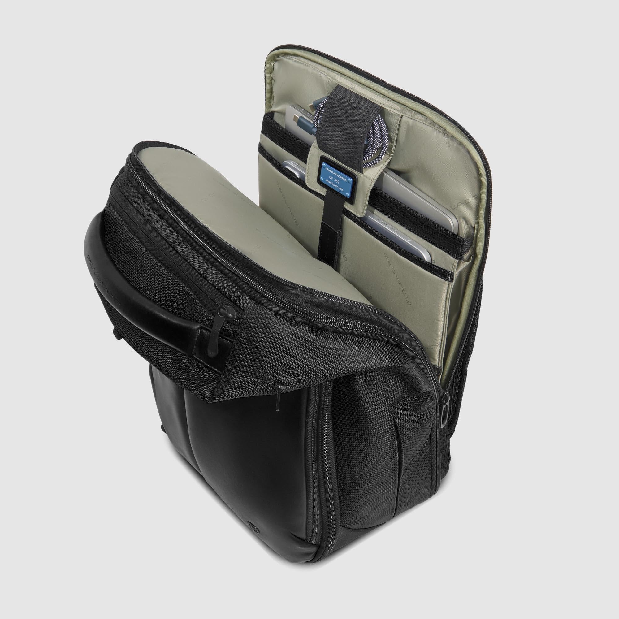 PIQUADRO - Zaino Porta PC 15,6" in Pelle e Tessuto Tecnico - Uomo - Nero | Aggancio per Trolley, Spallacci imbottiti, Vani organizzati, Resistente, Ufficio, Uso quotidiano