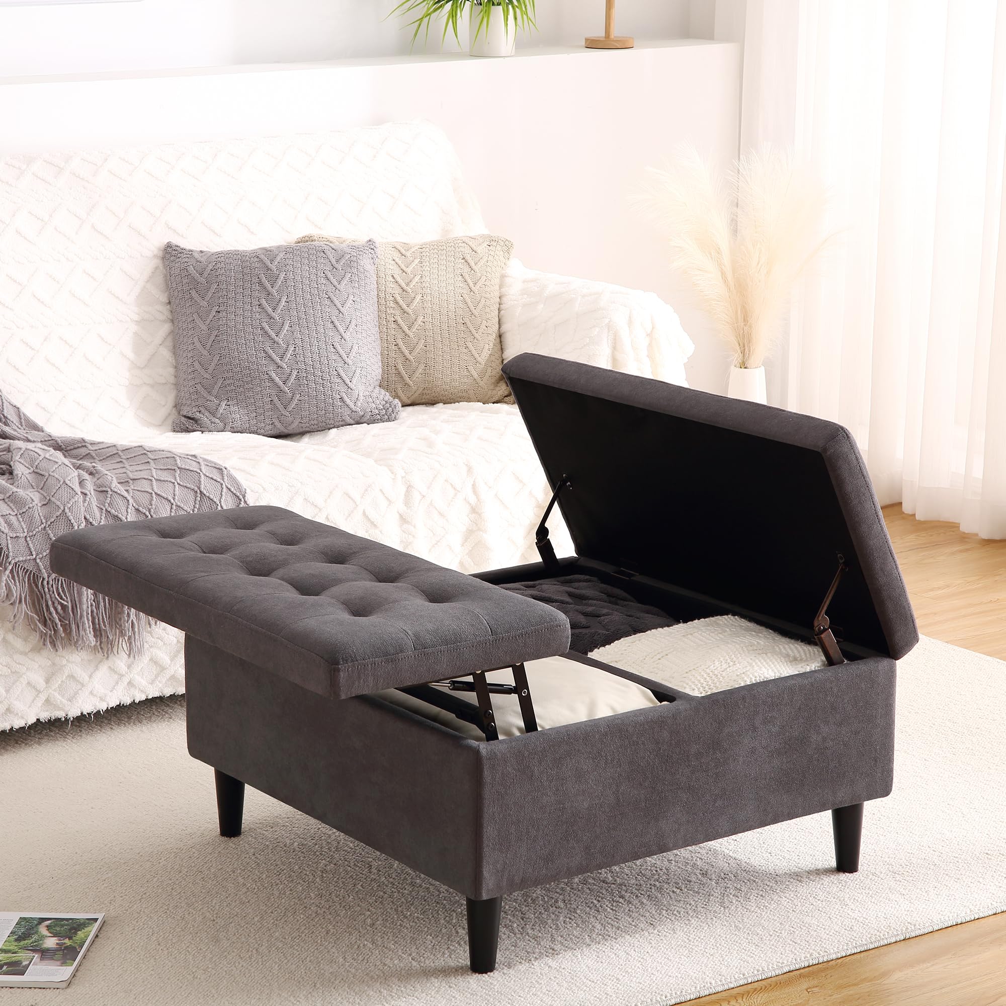 IDEALHOUSE 33 Inch Velevt Lift-Top Storage Ottoman in Upholstered, Large Square Storage Coffee Table for Living Room, Toy Box, Footrest Stool, Grey Ottoman with Spacious Interior Compartment