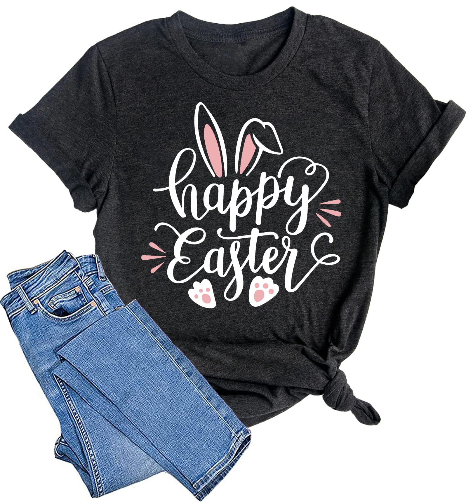 Women Happy Easter T Shirt Bunny Rabbit Graphic T-Shirt Funny Letter Printed Shirts Short Sleeve Tops