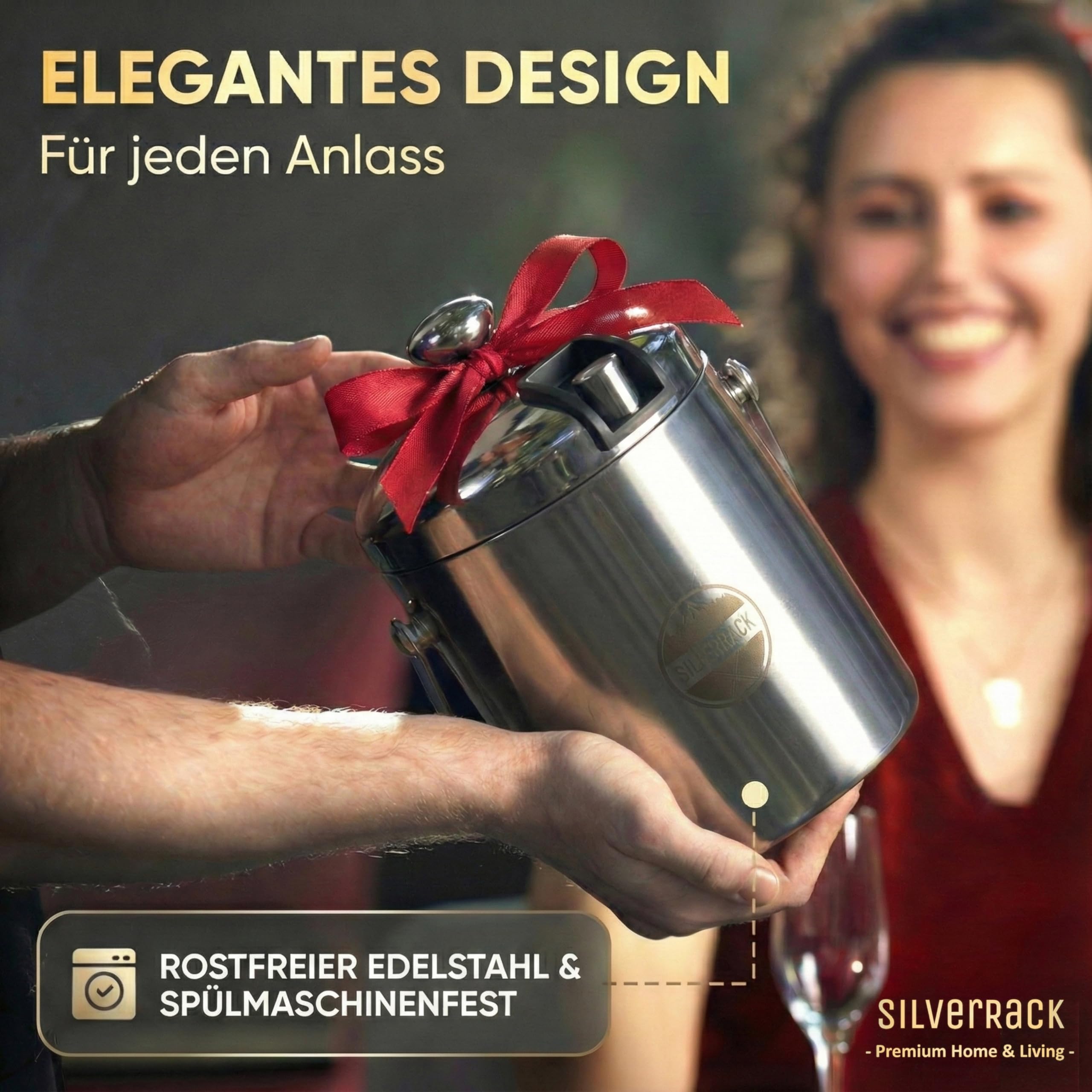 SilverRack Edelstahl Eiswürfelbehälter mit Deckel u. Zange [1,3l] - Eisbehälter für Eiswürfel perfekt für kalte Getränke - Premium Eiskübel als Eiswürfelbehälter Ice Bucket