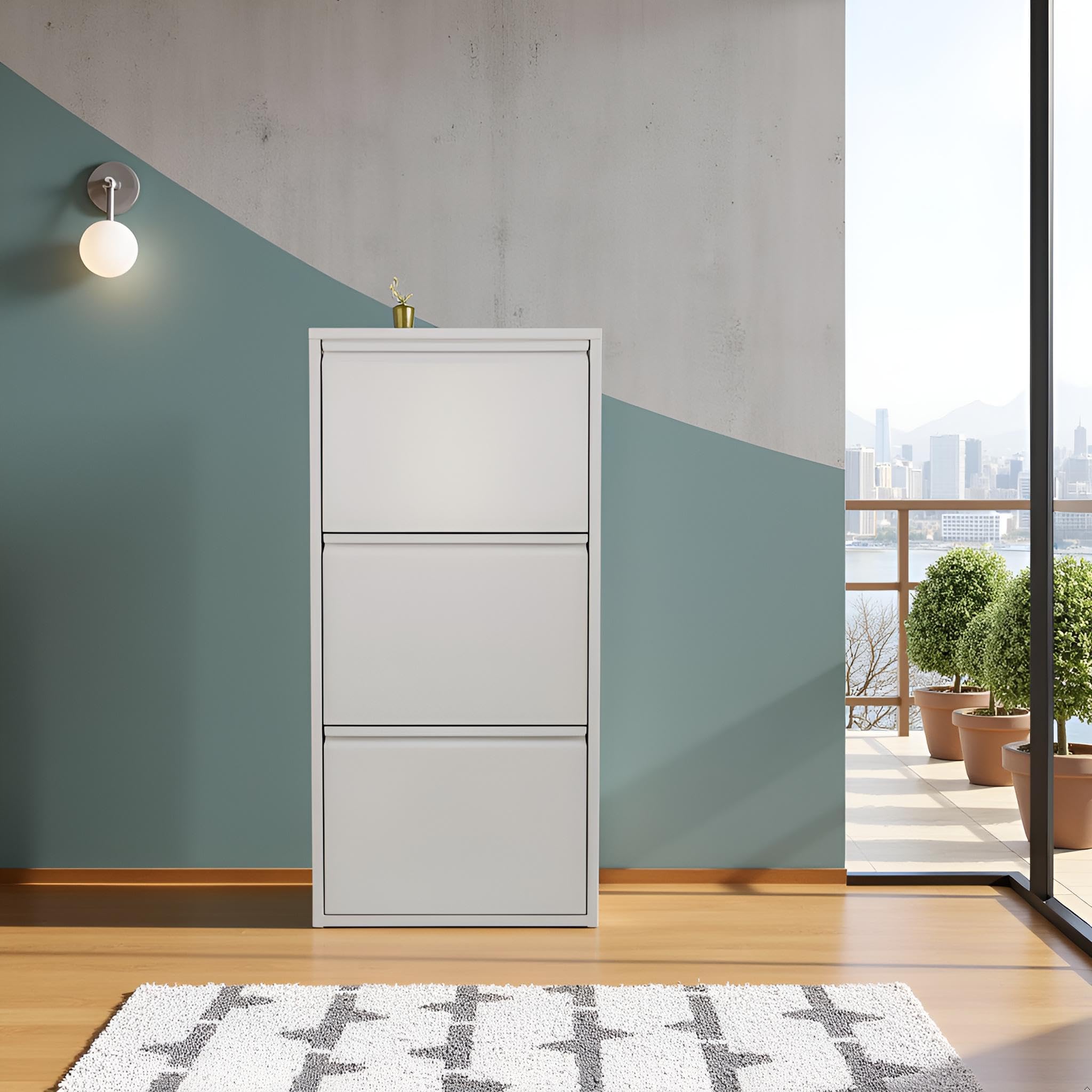 Scarpiera Salvaspazio Slim 3 Ante Tortora, Portascarpe a Ribalta in Metallo | Già Montata, Interni/Esterni, P13,5 x L50 x H103 cm