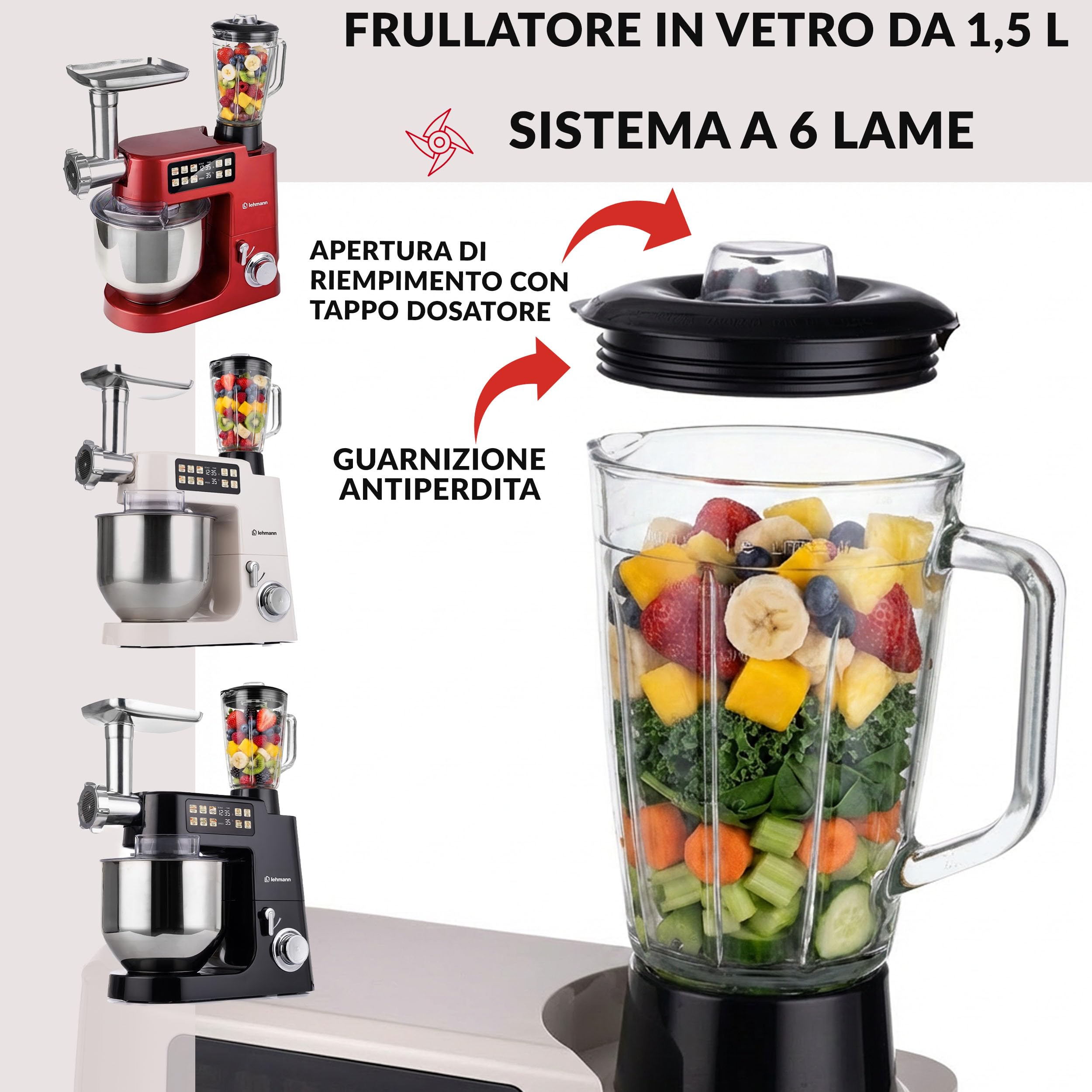 LEHMANN Teyles Impastatrice Planetaria Professionale 2100W 8L con Bilancia Integrata, Touchscreen e Ciotola Riscaldata, Blender 1,5L, Tritacarne, Planetaria per Pane e Pizza, Rosso