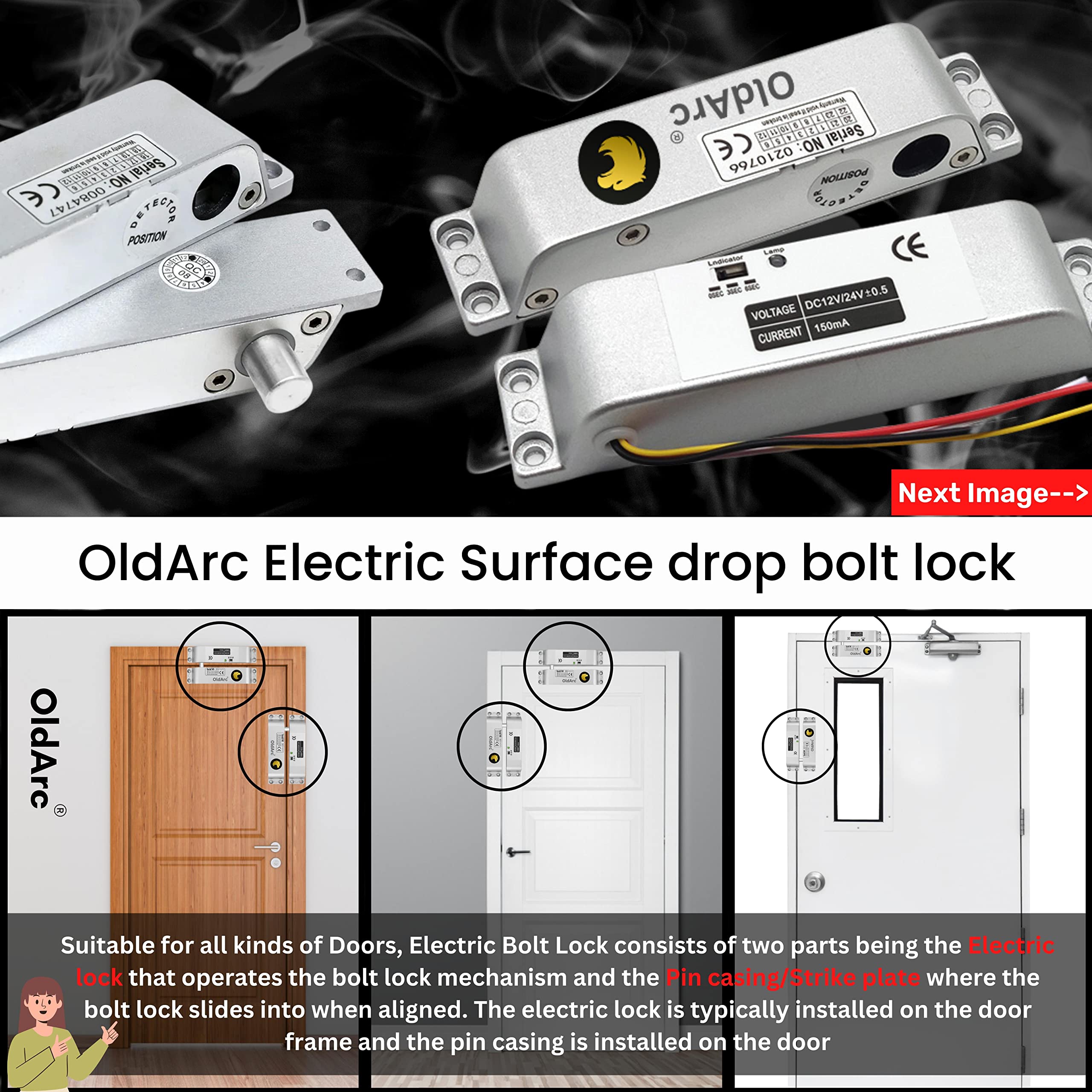 OldArc SB2 Surface Drop Bolt Lock | 4 Wire Electric Bolt Lock for Door Access Control | Flat Surface Auto Door Lock for Metal Wooden Door | 12V DC Electric Lock with Time Delay — Amazon image 2