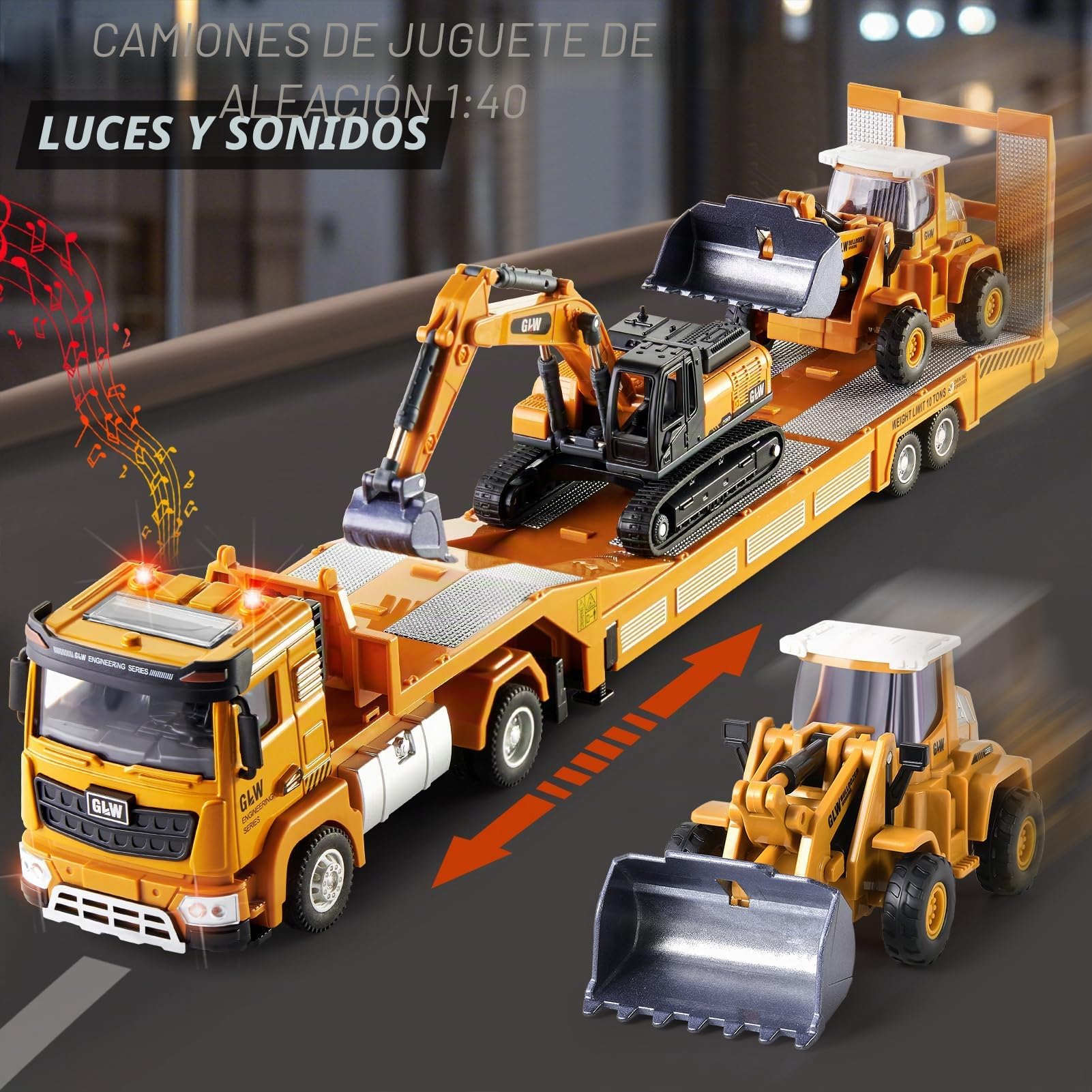 G.C Vehiculos Construccion Juguete Niños con Excavadora Bulldozer, Camión Transportador Largo con Luces y Sonidos Camión de Construcción Juguete Regalo para Niños 3 4 5 6 7 Años
