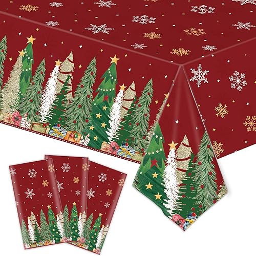 Paquete de 3 decoraciones navideñas de 54 x 108 pulgadas con borde de árbol de Navidad, funda de plástico desechable de copo de nieve rojo para