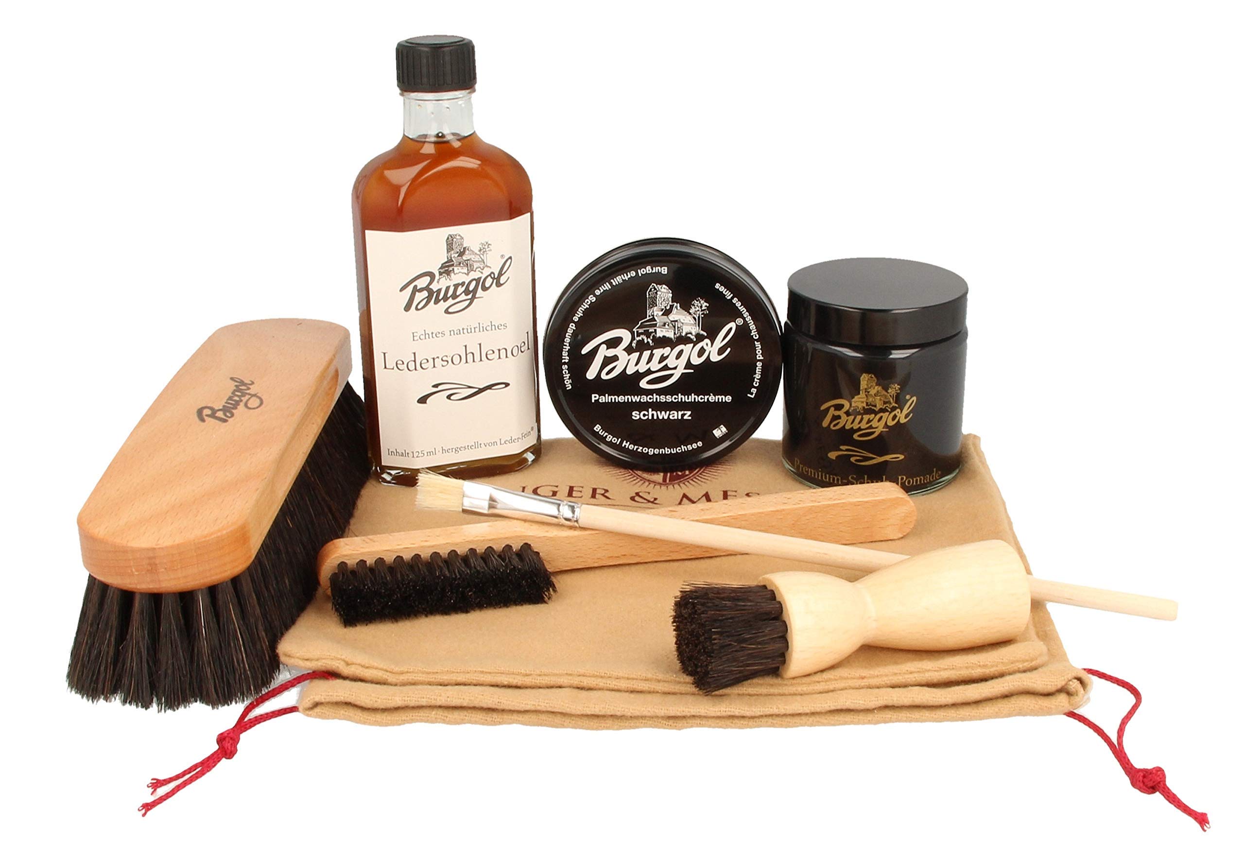 Schuhpflegeset für rahmengenähte Schuhe Schwarz mit Burgol- Bürsten- Ledersohlenöl-Pomade-Schuhwachs