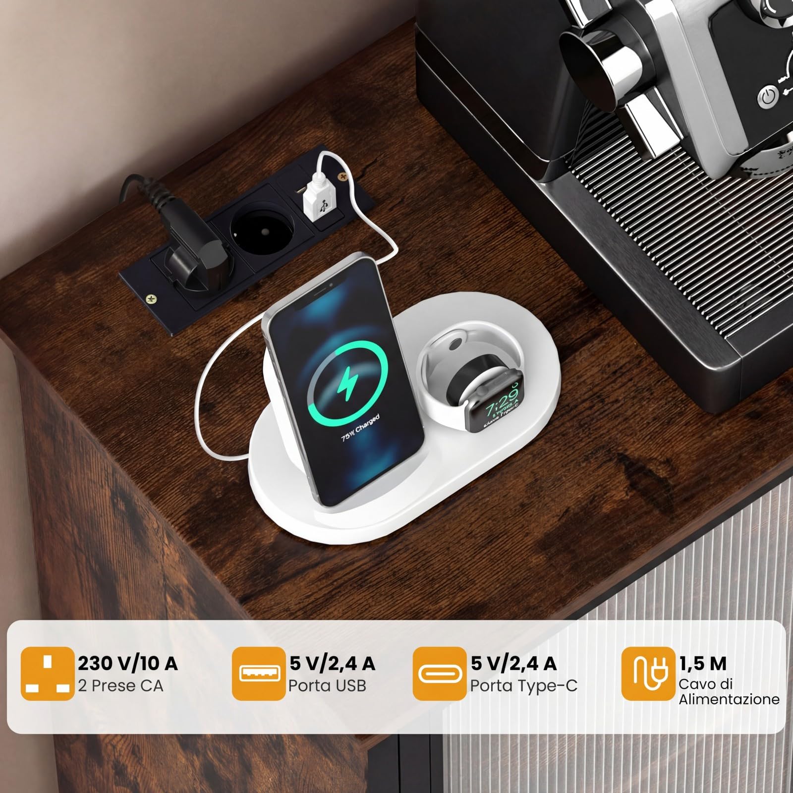COSTWAY Mobiletto Bar per Vino con Prese di Corrente e Luci LED, Mobile Bar da Terra per Caffè con Portabottiglie e Portabicchieri, Credenza Buffet per Liquori per Cucina, Sala da Pranzo e Soggiorno