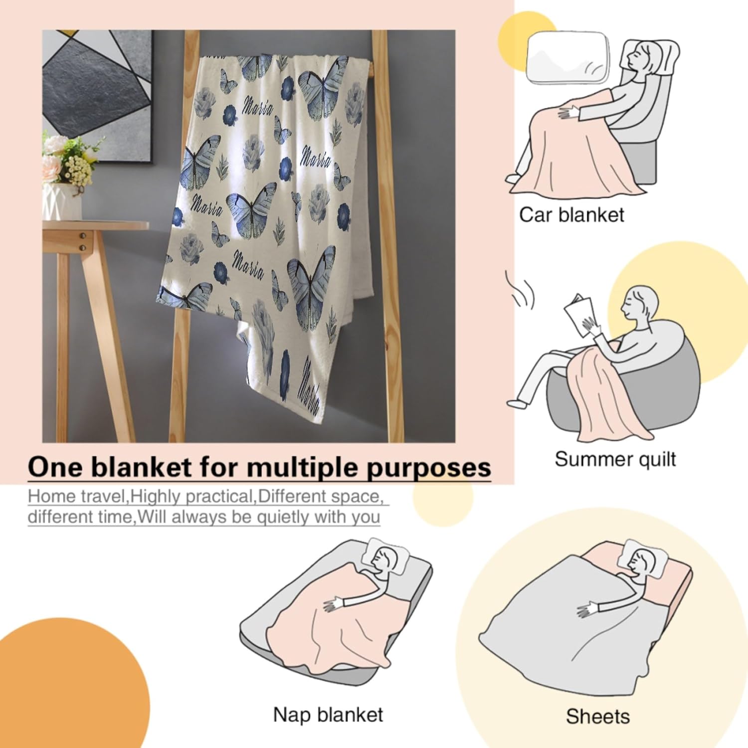 Personalized Butterfly Name Blanket, Custom Butterflies Name Blankets, Gift for Baby Girls Butterfly Lover, 30"x40" for Stroller Soft Lightweight Plush Throw Blanket for Couch Bed Sofa Decoration