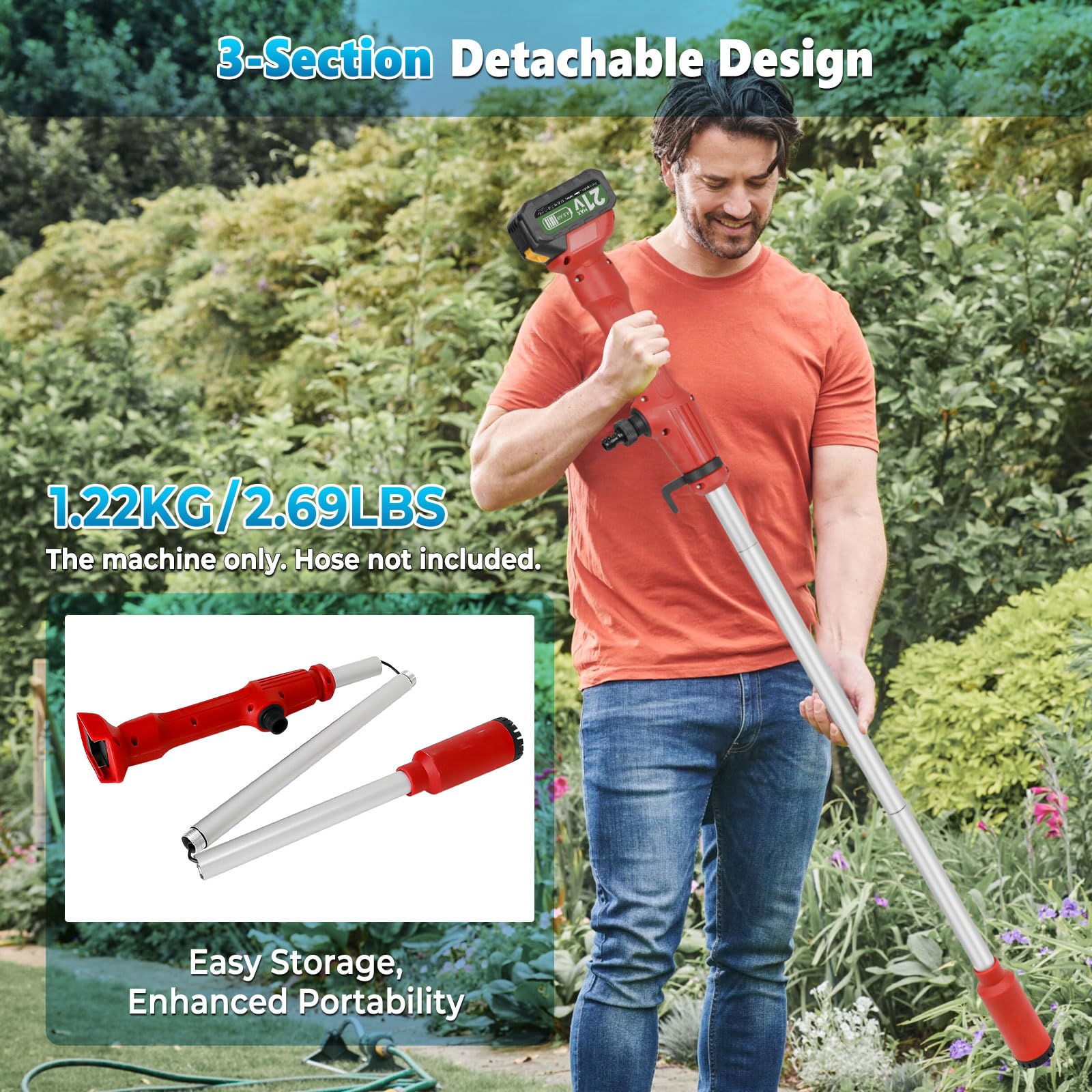 Pompe à eau sans fil à tige, pompe submersible portative pour puits profond, pompe de puisard utilitaire à haut débit 2725 L/h avec 2 × batteries rechargeables de 4,5 Ah pour jardin, étang, bateau