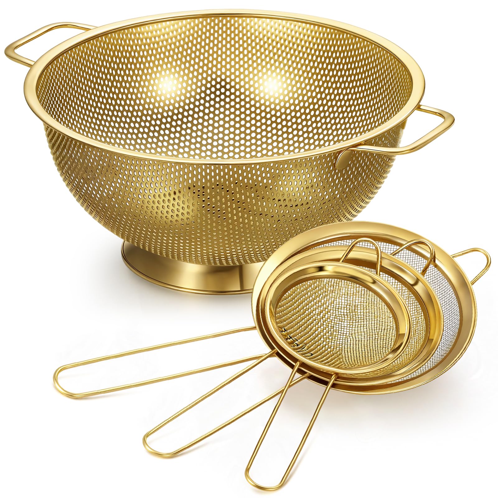Norme Colador dorado de acero inoxidable de 3 cuartos y 3 coladores de malla fina dorada, colador de metal de acero inoxidable para pasta, arroz y alimentos, fácil de limpiar y apto para lavavajillas