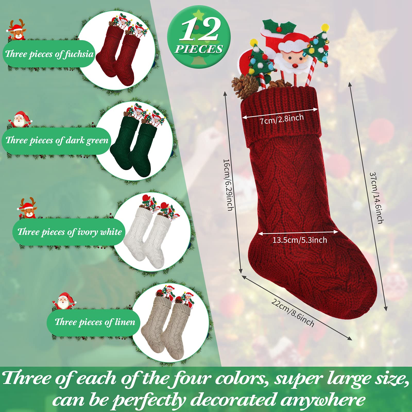 12 Stück Weihnachtsstrümpfe 37,8 cm Zopfmuster gestrickte Weihnachtsstrümpfe Weihnachtsstrümpfe hängende Weihnachtsstrümpfe für Weihnachten Kamin Büro Urlaub Dekoration (Weinrot, Weiß, Leinen,