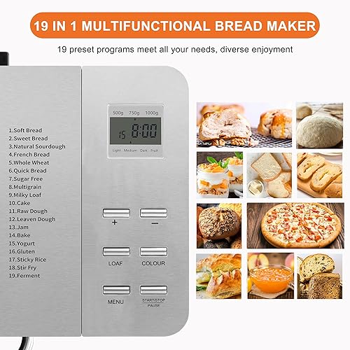 Miniatura 2 de Máquinas para hacer pan, 19 en 1 de acero inoxidable con dispensador automático, máquina de pan grande de 2.2 libras, sartén de cerámica