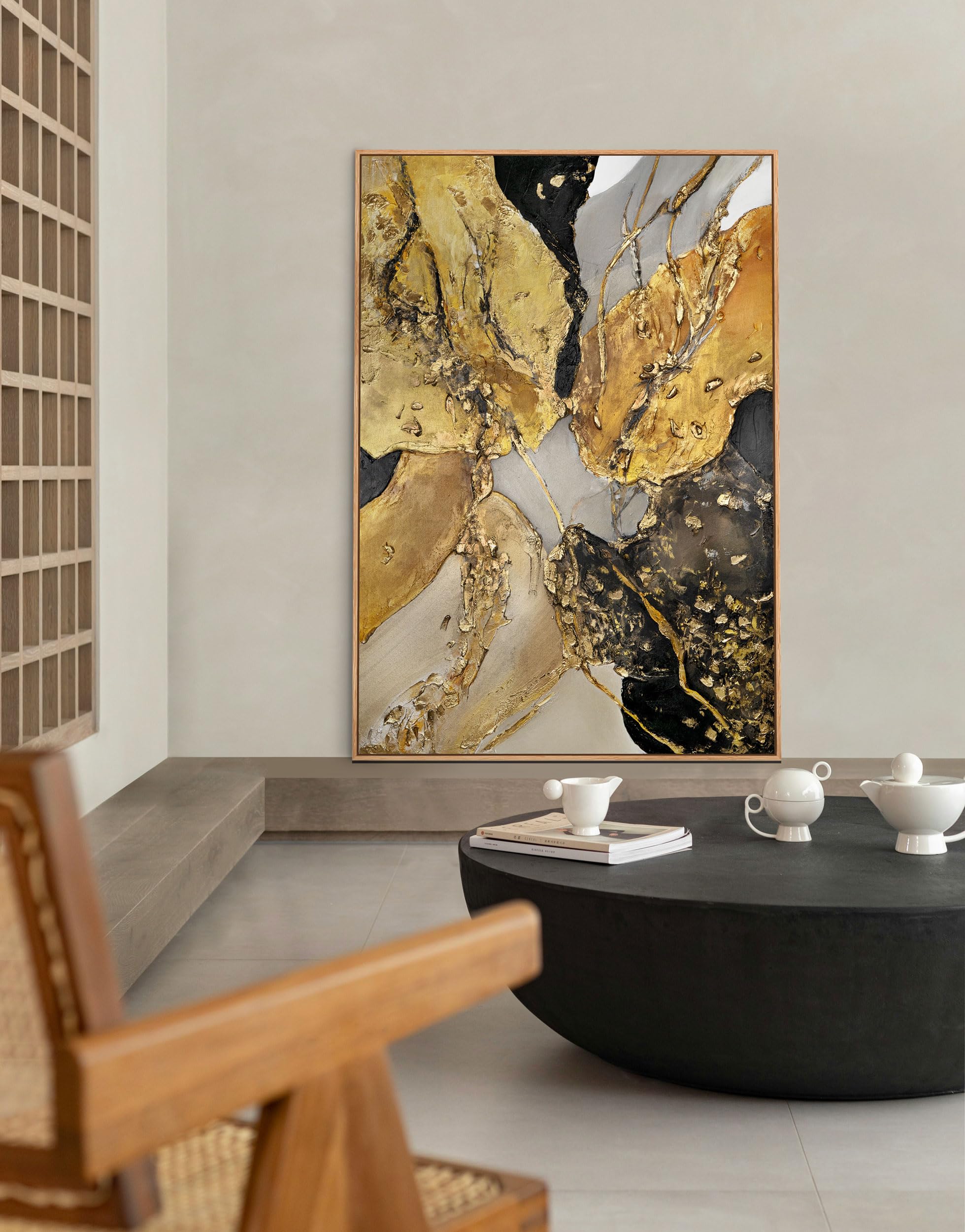 YS-Art Quadro Astratto Oro Nero Dipinto a Mano in Acrilico, Arte Moderna Materica 140x100 cm