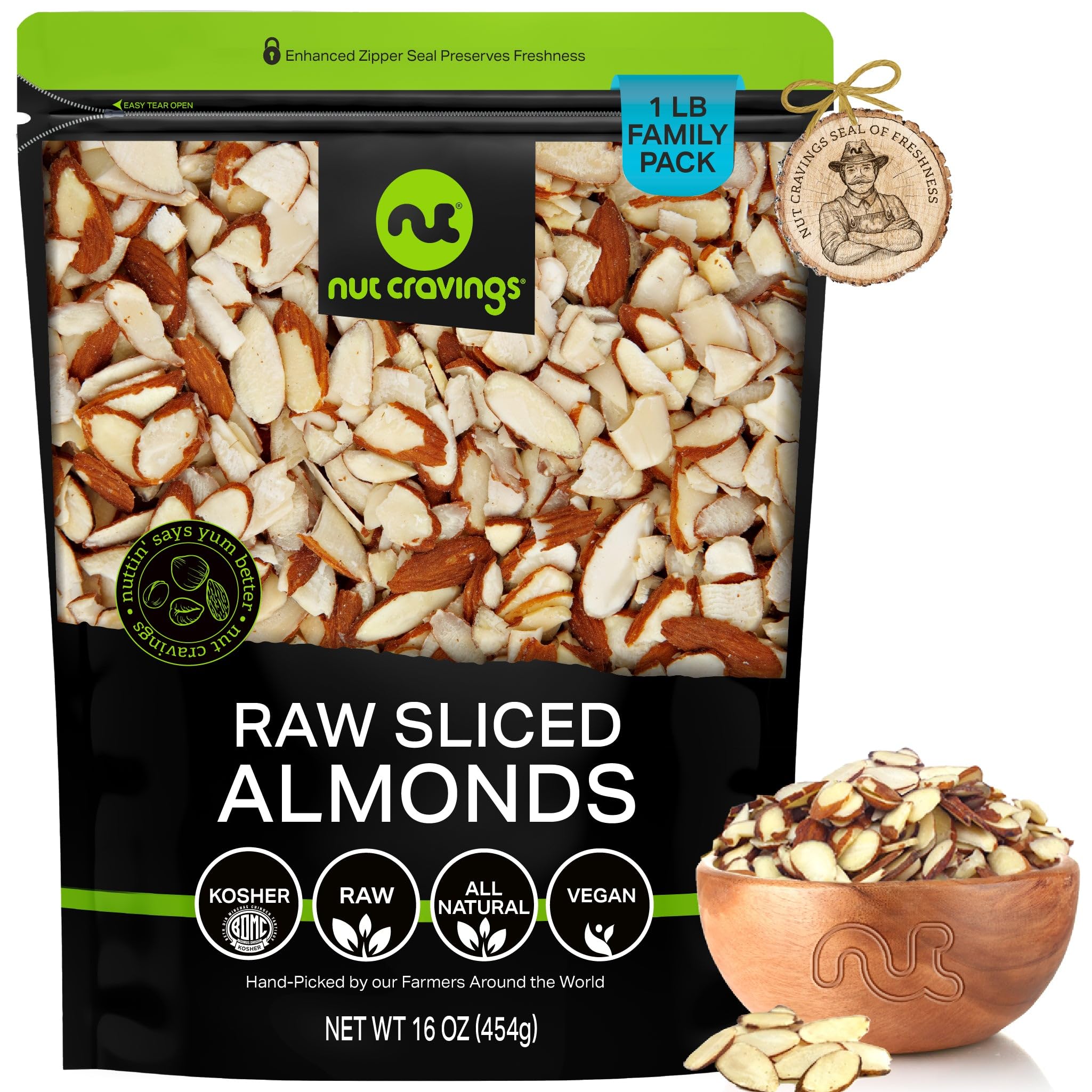 NUT CRAVINGS - Natural Sliced Almonds - Raw, (16oz - 1 LB) Packed Fresh in Resealable Bag - Nut Snack - Food Assortments Ideal for Trail Mixed Nuts