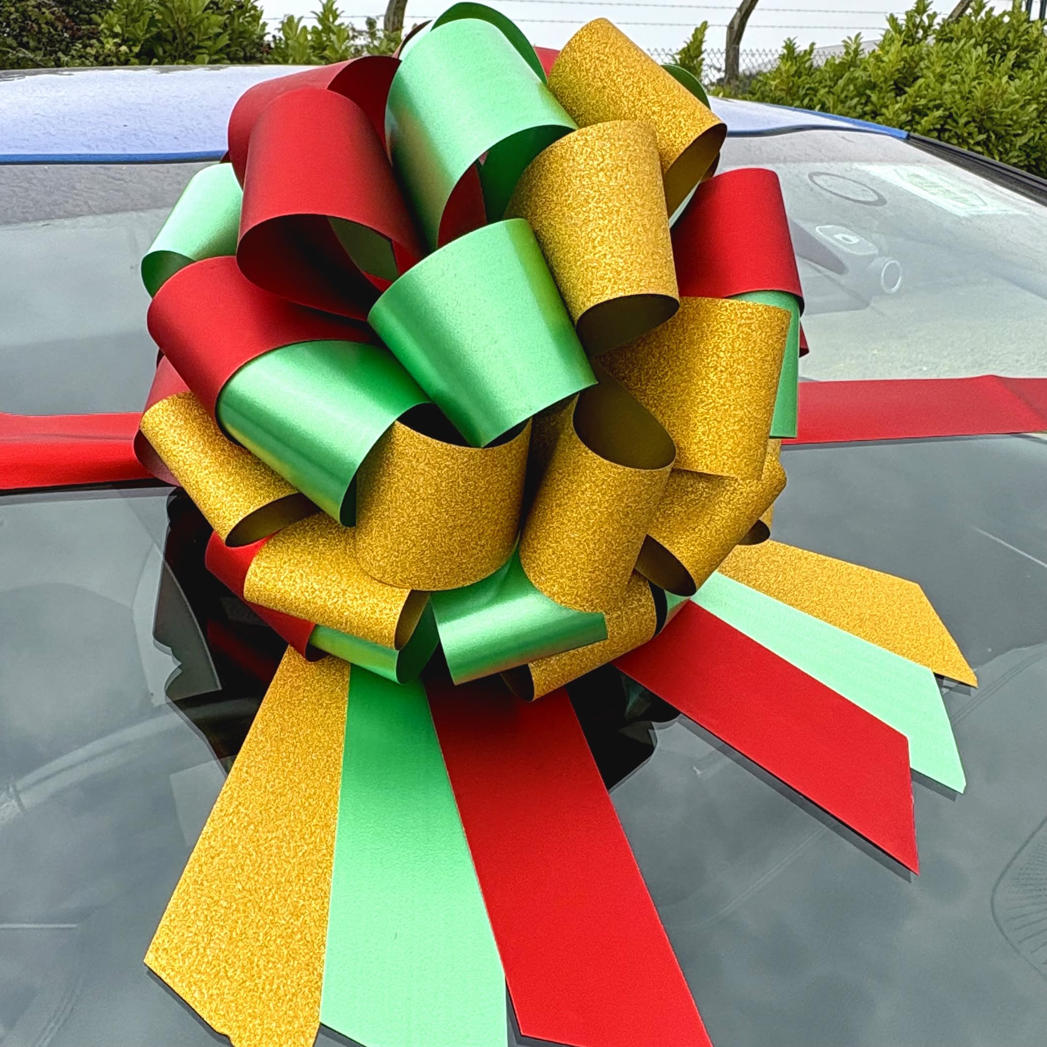 Hampabox Multicolor Big Gift Bow (25Cm Diameter) + 6 Metres Of Red Ribbon For Cars, Bikes, Prams, Baby Showers, Big Birthday Red Gold Green