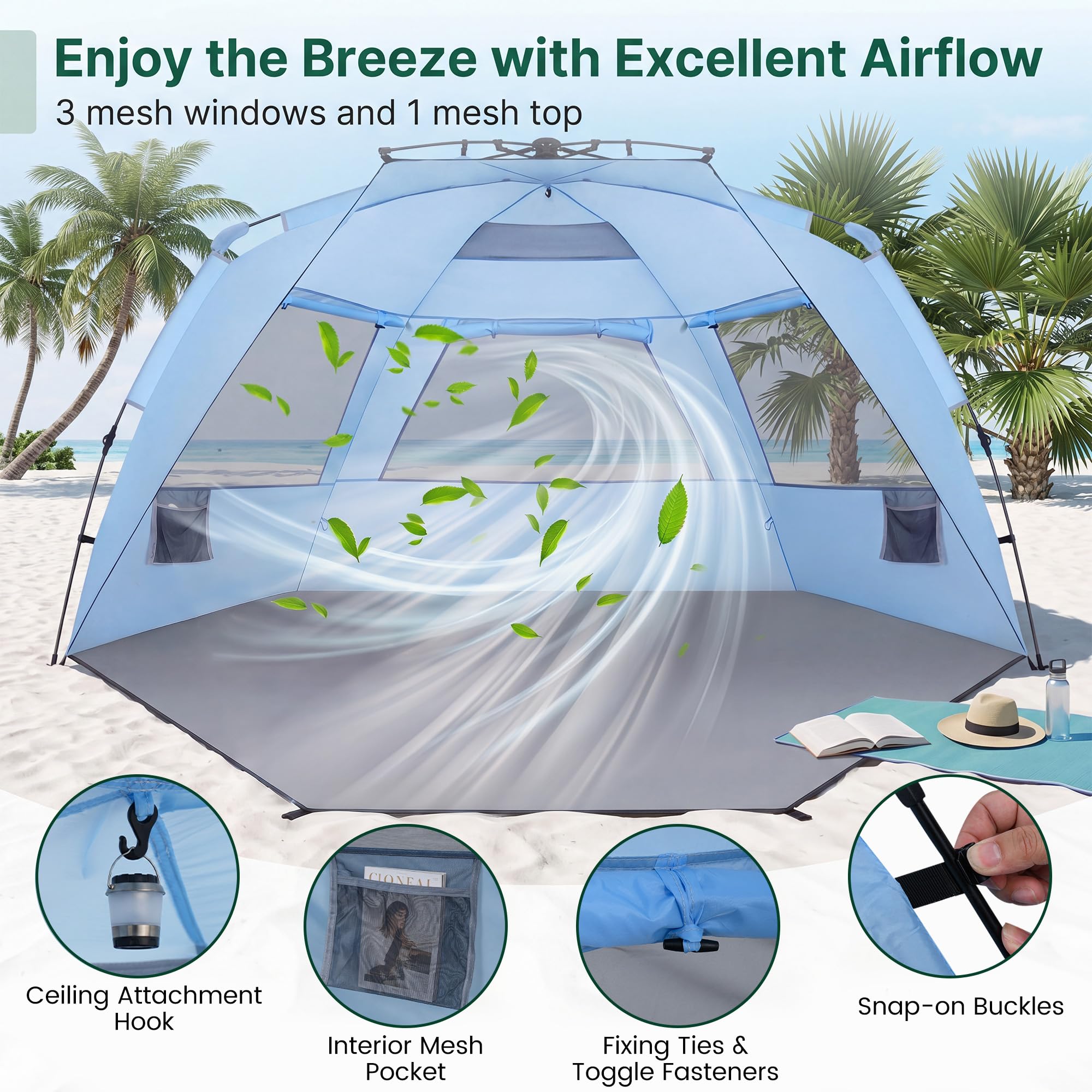 HOMASIS Tenda da Spiaggia a 3 Posti, Tenda Pieghevole Pop up Resistente e Antivento con Finestre e Tasce, in Tessuto Impermeabile, con Borsa da Trasporto, per Campeggio e Mare, 278 x 140 x 160 cm, Blu