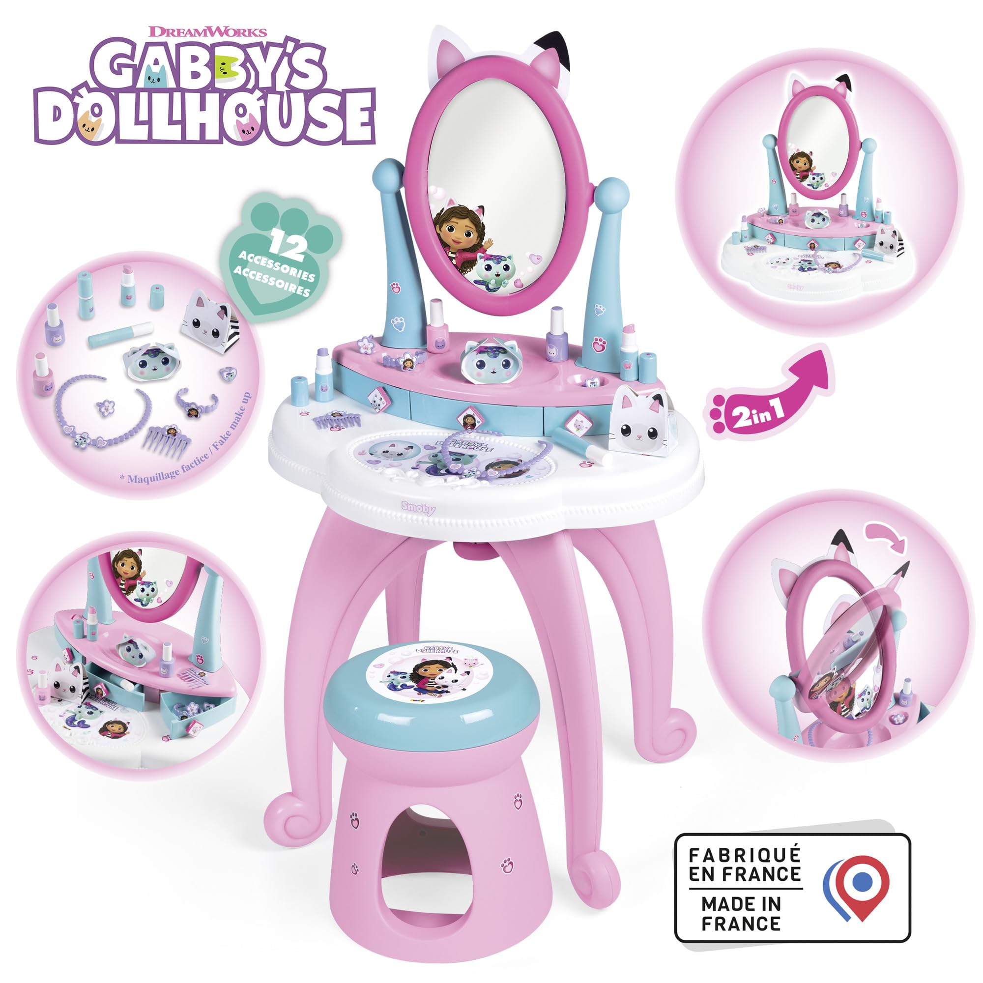 Smoby - Gabby Specchiera 2 in 1, 7600320254, +3 anni, 2in1, tanti accessori, trucchi finti non utilizzzabili