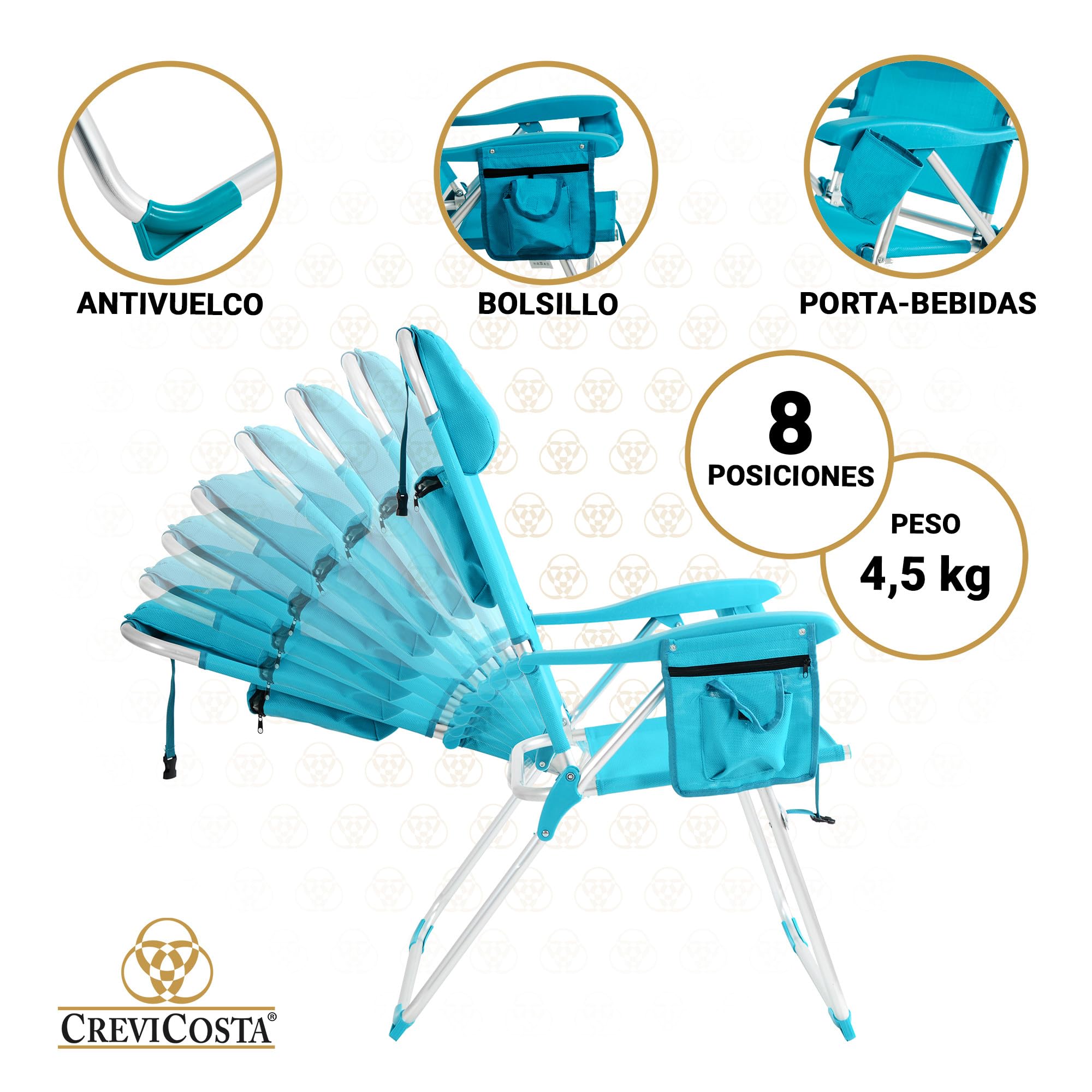 CREVICOSTA QUALITY MARK MARCAS DE CALIDAD - Palmera 2081-3 - Silla de Playa Plegable con reposabrazos, y 8 Posiciones. con Nuevo cojín ergonómico y Nueva Nevera incorporada. Textilene (Turquesa)