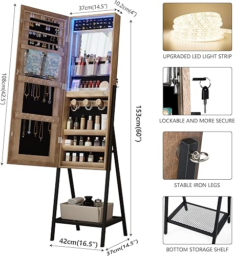 Miniatura 7 de Vlsrka Mirror Jewelry Cabinet Standing with LED, Jewelry Mirror Full Length with Built-in Makeup Mirror & Lights, Large Mirror with Jewelry Storage