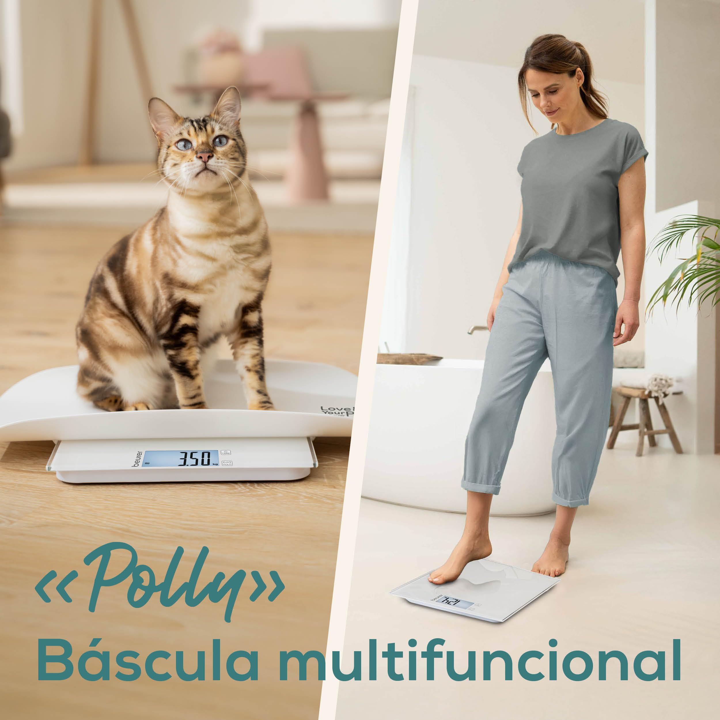 Beurer Love Your Pet Báscula «Polly» para mascotas y personas, báscula para mascotas con plato de pesaje extraíble, báscula para cachorros a partir de 100 g, con función Hold, 180 kg