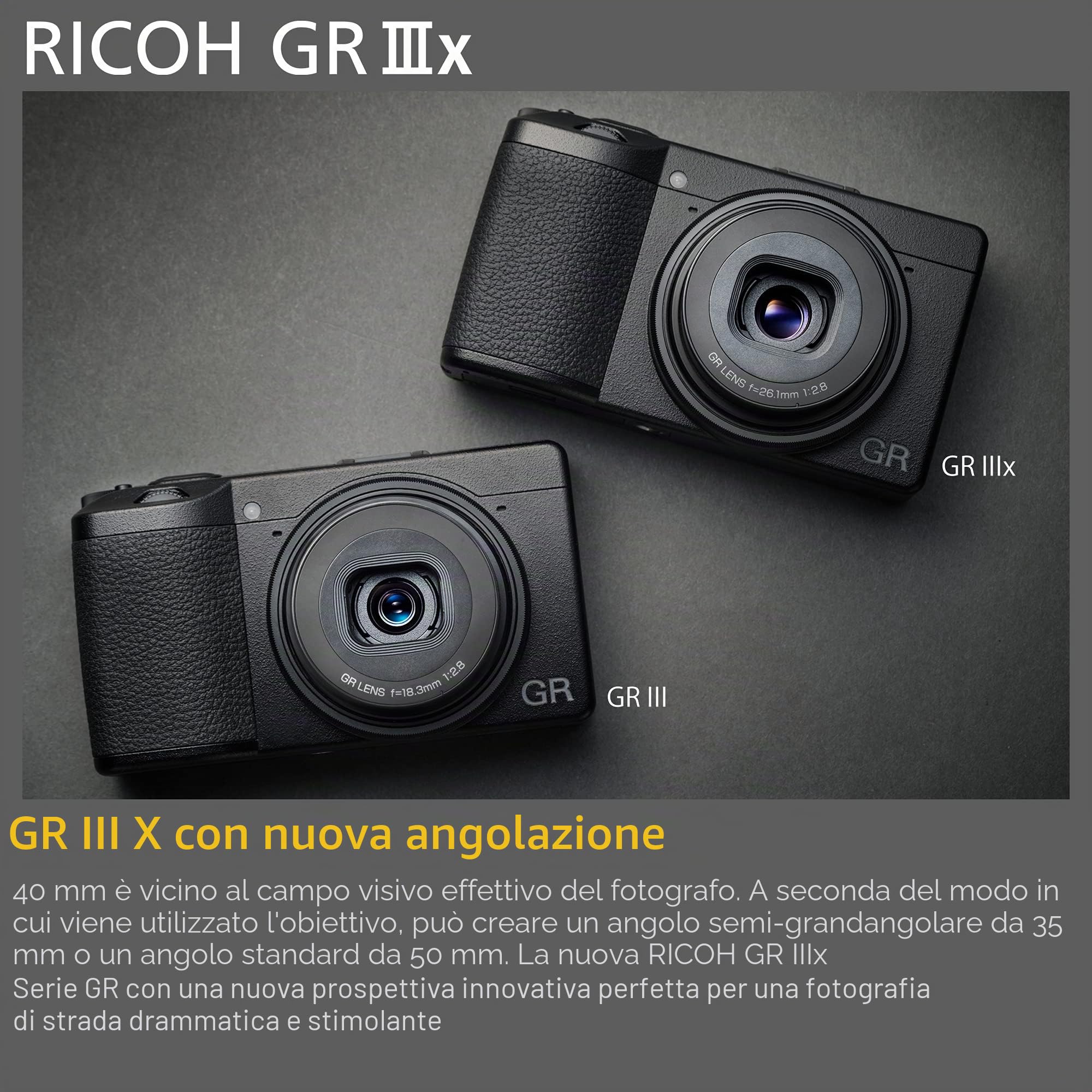 Fotocamera digitale Ricoh GR IIIx [Lung. f. 40 mm] [Dotata di sensore CMOS da 24,2 M APS-C ] [La fotocamera istantanea per eccellenza] [Avvio in circa 0,8 secondi] [AF ad alta velocità]