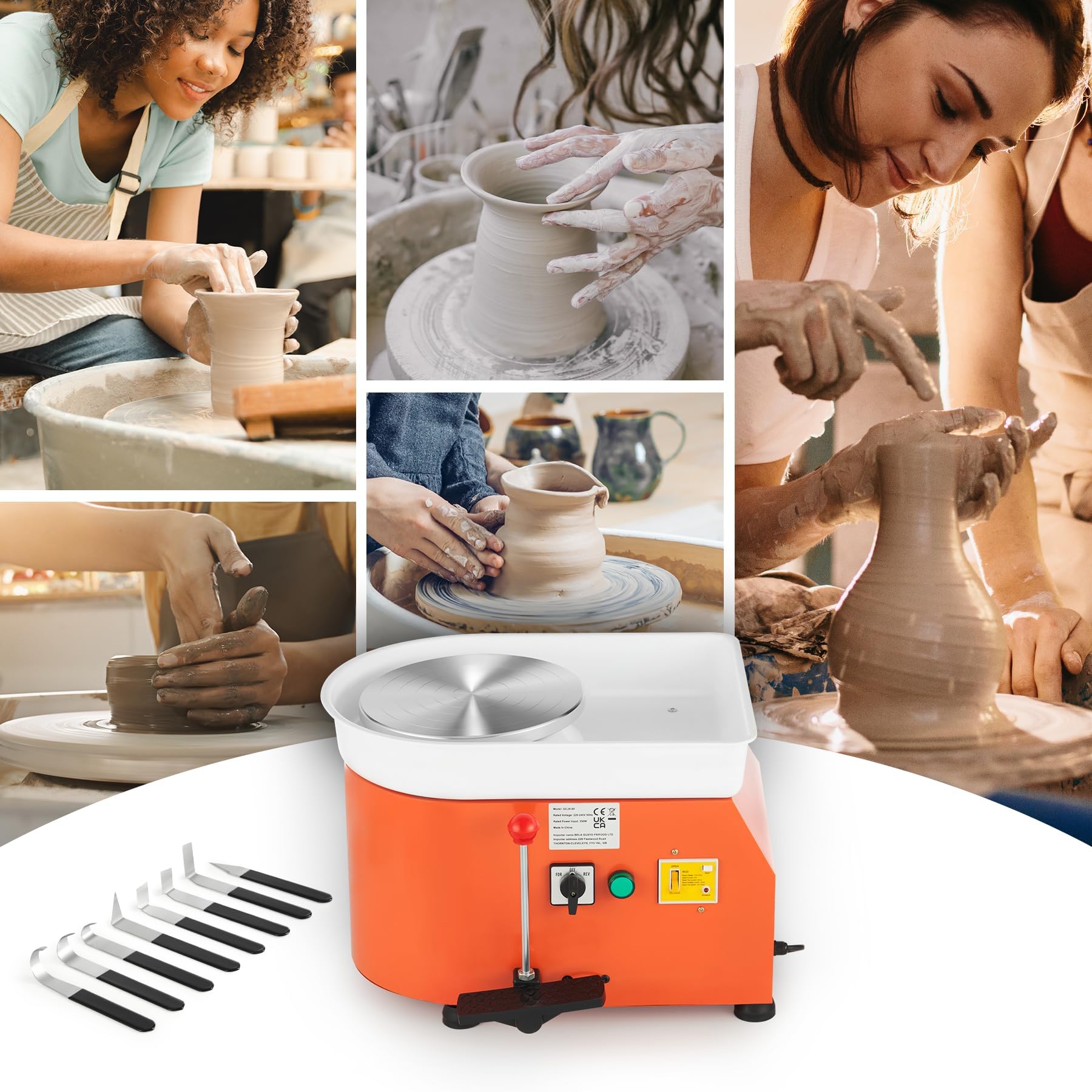 CREWORKS 350W Tornio per Ceramica Elettrico da 25 cm con Maniglia e Pedale Tornio per Argilla con velocità Regolabile a 300rpm e Strumenti per Scultura Ruota di Ceramica per Bambini Adulti