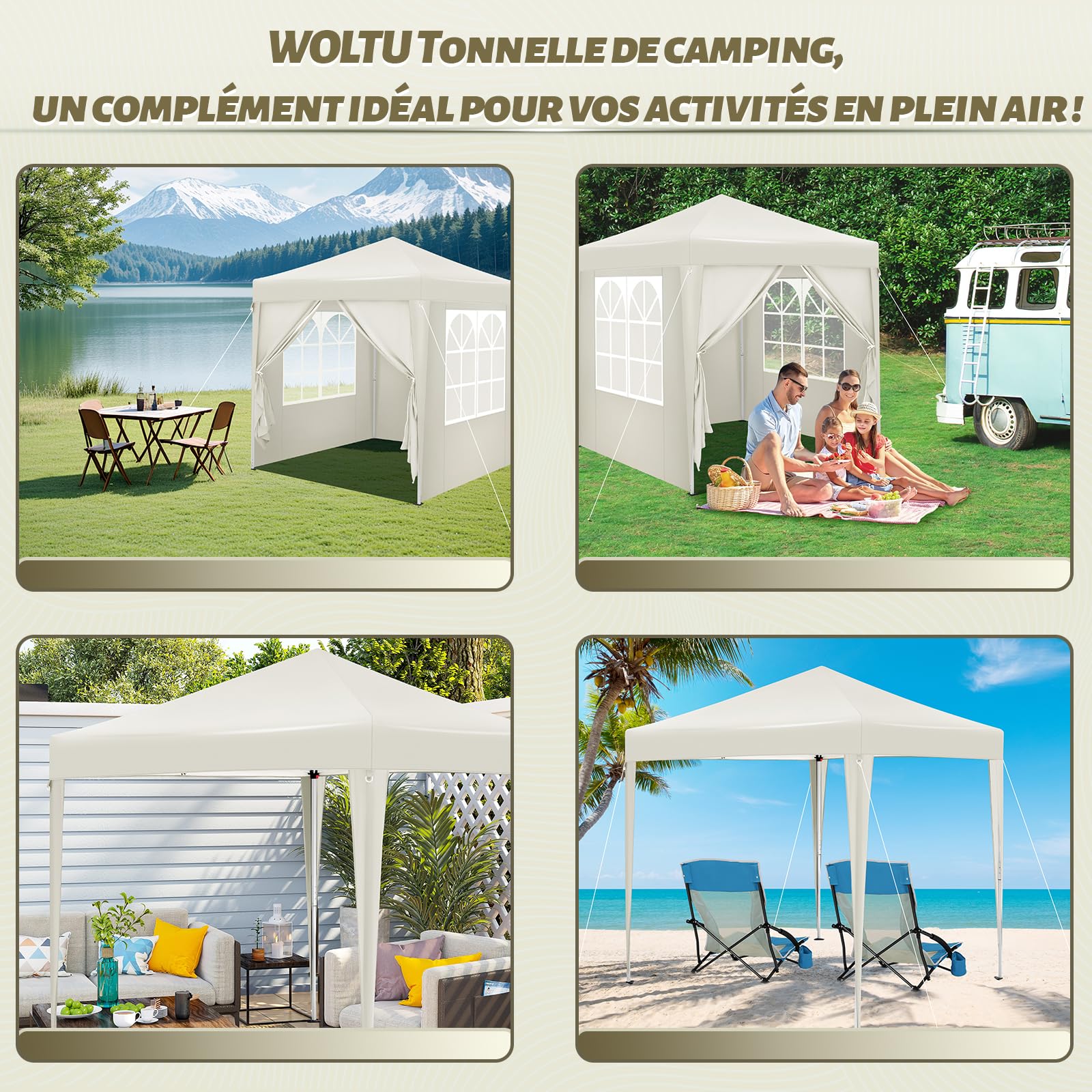 WOLTU Tonnelle de Jardin 2x2m Pop up Pergola Pliante avec 4 parois Beige
