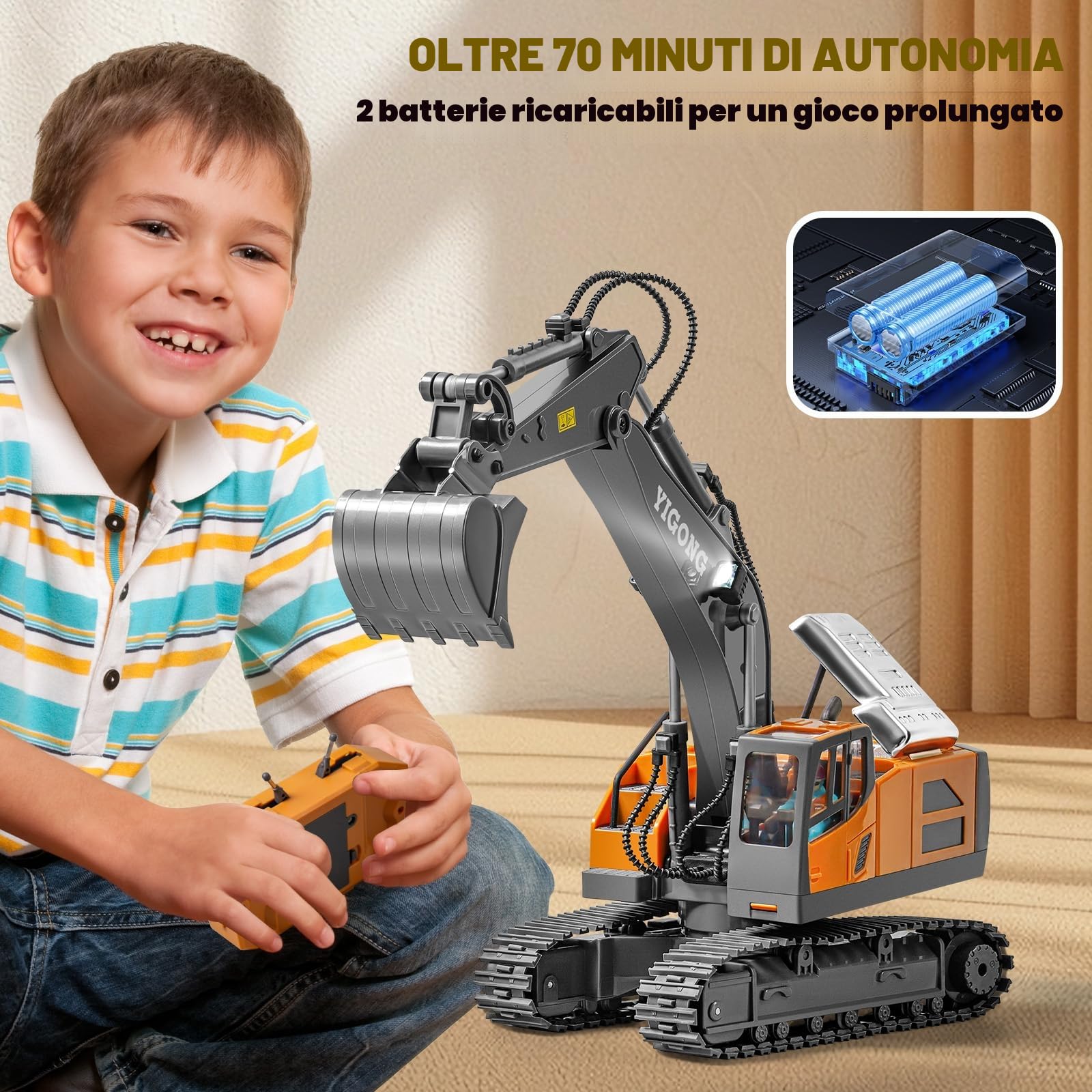 Escavatore Telecomandato per Bambini, Escavatori Ricaricabili con Pala in Metallo, Escavatore Idraulico Rc con Luci e Suoni, Giocattolo Scavatore per Ragazzi 6-14 Anni