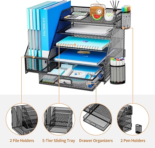 Miniatura 9 de Marbrasse Organizador de escritorio con soporte para archivos + bandeja de papel de 5 niveles con soporte para archivos+cajón y 2 soportes para