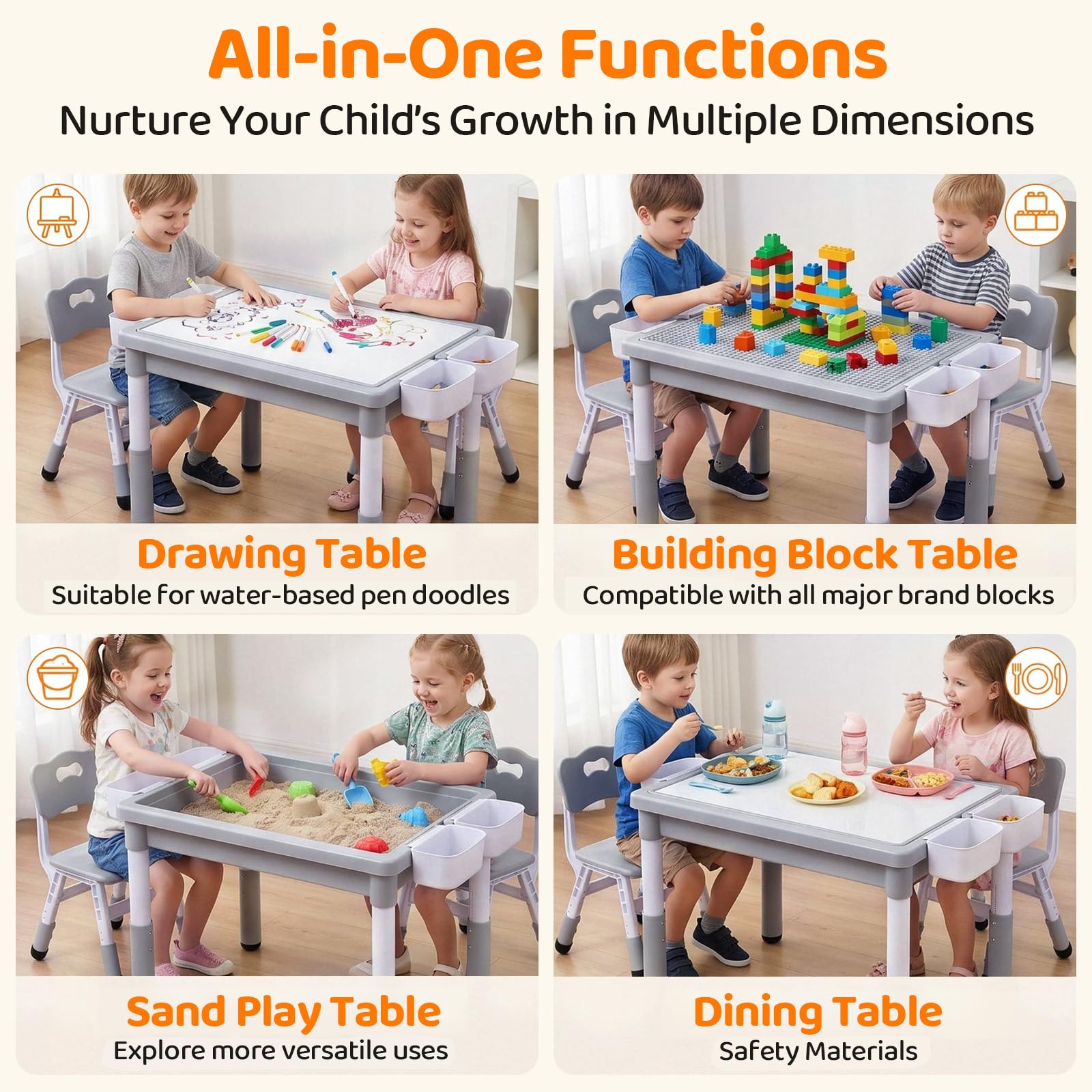 MAMIZO Kindertisch mit 2 Stühlen, kindertisch stauraum & Wendeplatte,Grau | Tisch Stuhl höhenverstellbar & 88 x 63cm Graffiti-Tischplatte & Baustein Tisch Stuhl Set ,Aktivitätstisch Kinderzimmer Schule