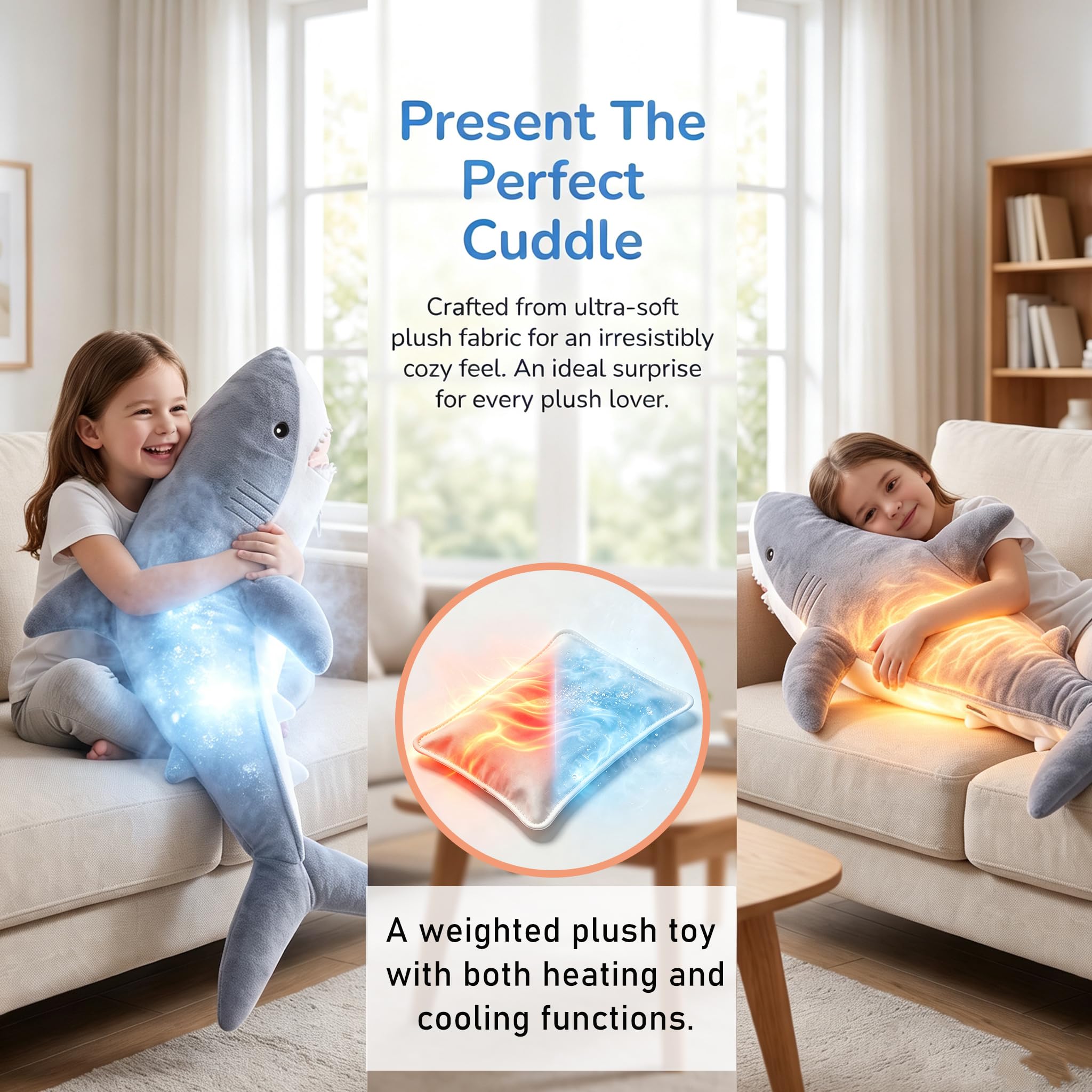 Jouet en Peluche lesté Requin Animal Micro-ondable Mignon Super Doux Oreiller Poupée de Compagnie Chaud ou Froid Cadeau pour Tous Les âges Enfants Adolescents et Adultes 75cm 4,4 LB