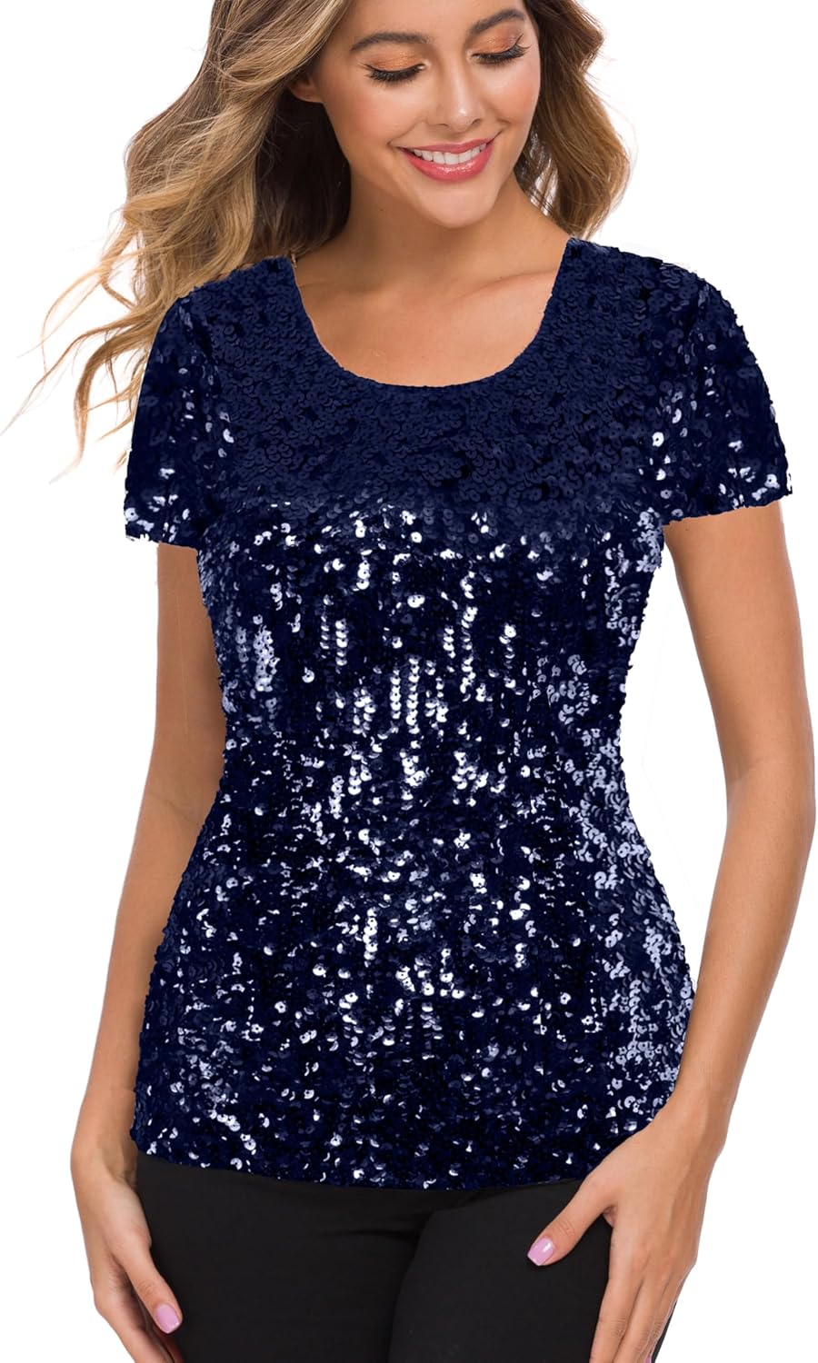 MANER Women’s Full Sequin Tops Glitter Party Shirt Short Sleeve Sparkle Blouses S-4X