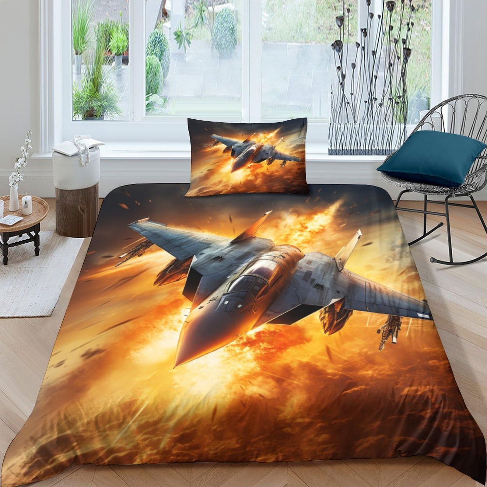 AAHARYA Fighter Jet 3D Airplane Printed Duvet Cover with Pillowcases Bedding Set with Zipper Closure Hypoallergenic Soft Microfiber Quilt Cover Set Single（135x200cm）