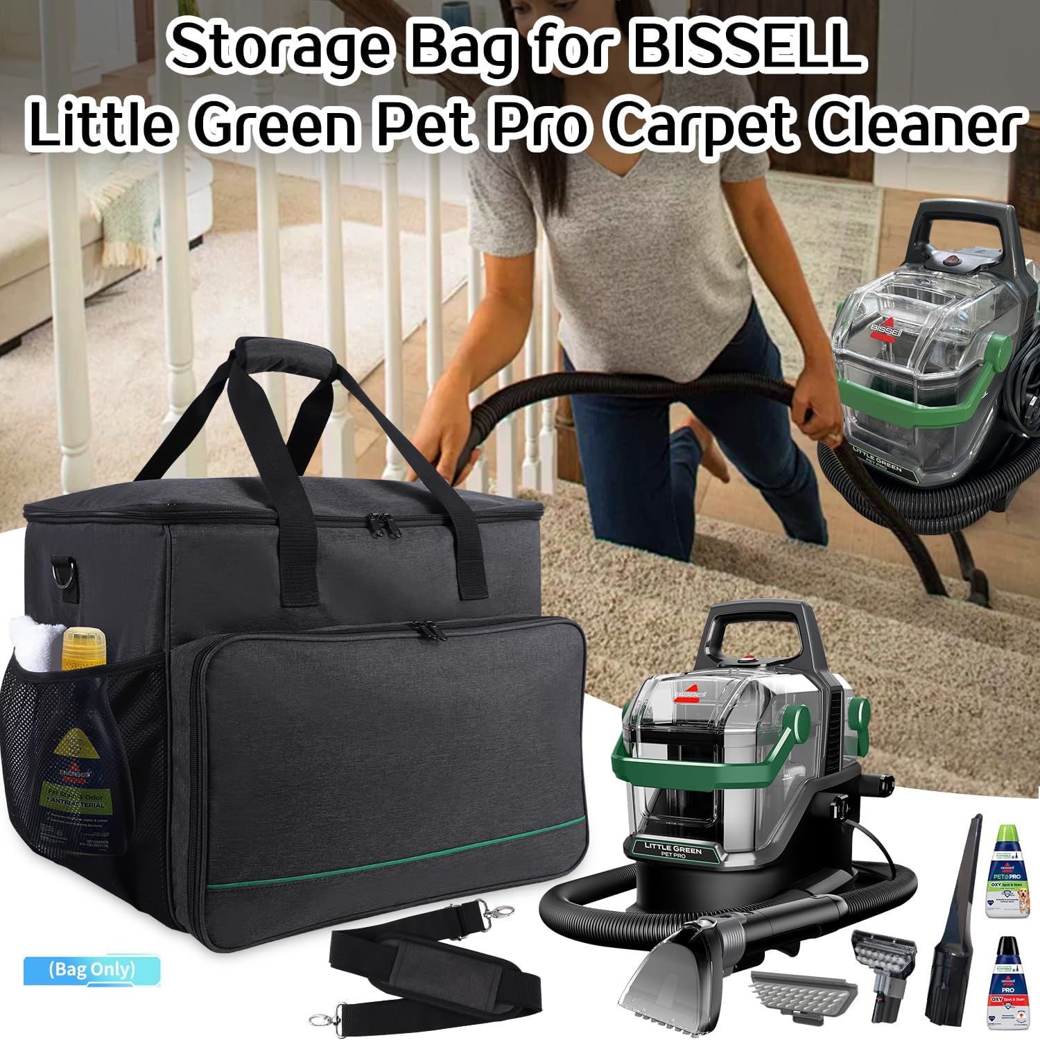Carry Bag Compatible with BISSELL Little Green Pet Pro Carpet, Portable Storage Case for Carpet and Upholstery Cleaner and Accessories Steam Cleaner Storage Bag with Adjustable Shoulder Strap