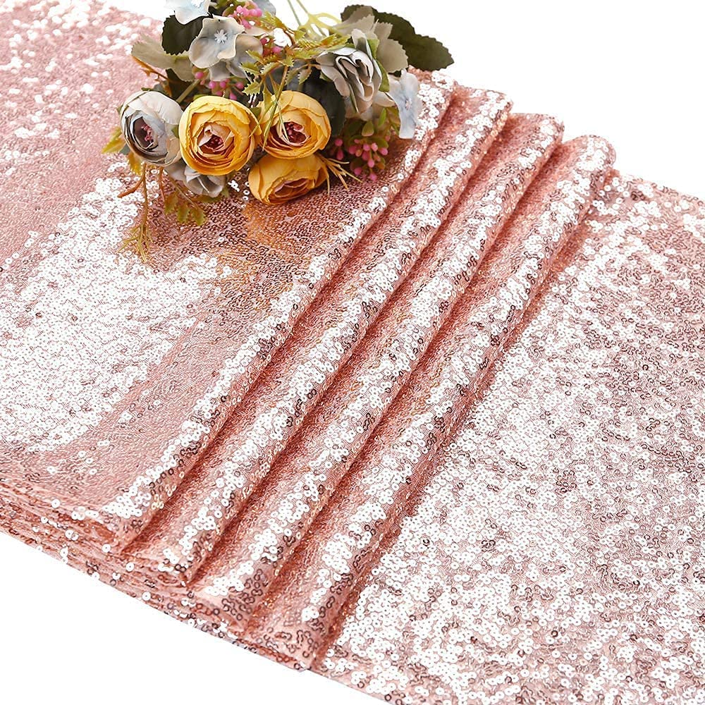 Bieżnik na stół w kolorze różowego złota, 30 x 183 cm, różowe złoto, cekiny, obrus na prostokątne stoły, dekoracje stołu na imprezę, błyszczące pokrowce na stół, na ślub, święta, dekoracje baby shower