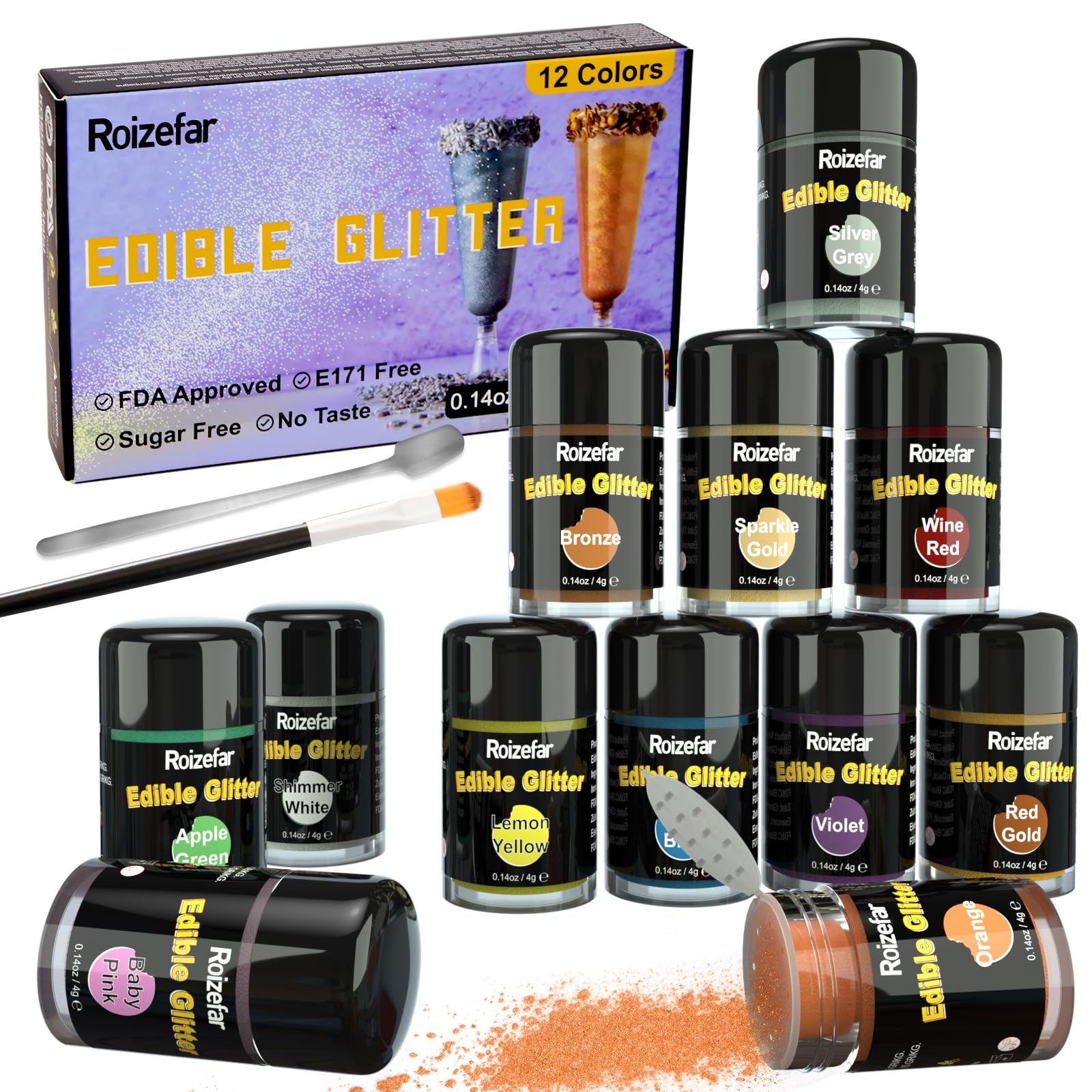 Roizefar Paillettes Comestibles, 12 Couleurs x4g Colorant Alimentaire pour Boissons, Paillettes Alimentaires pour Cocktail, Gâteaux, Crème, Muffins, Chocolats