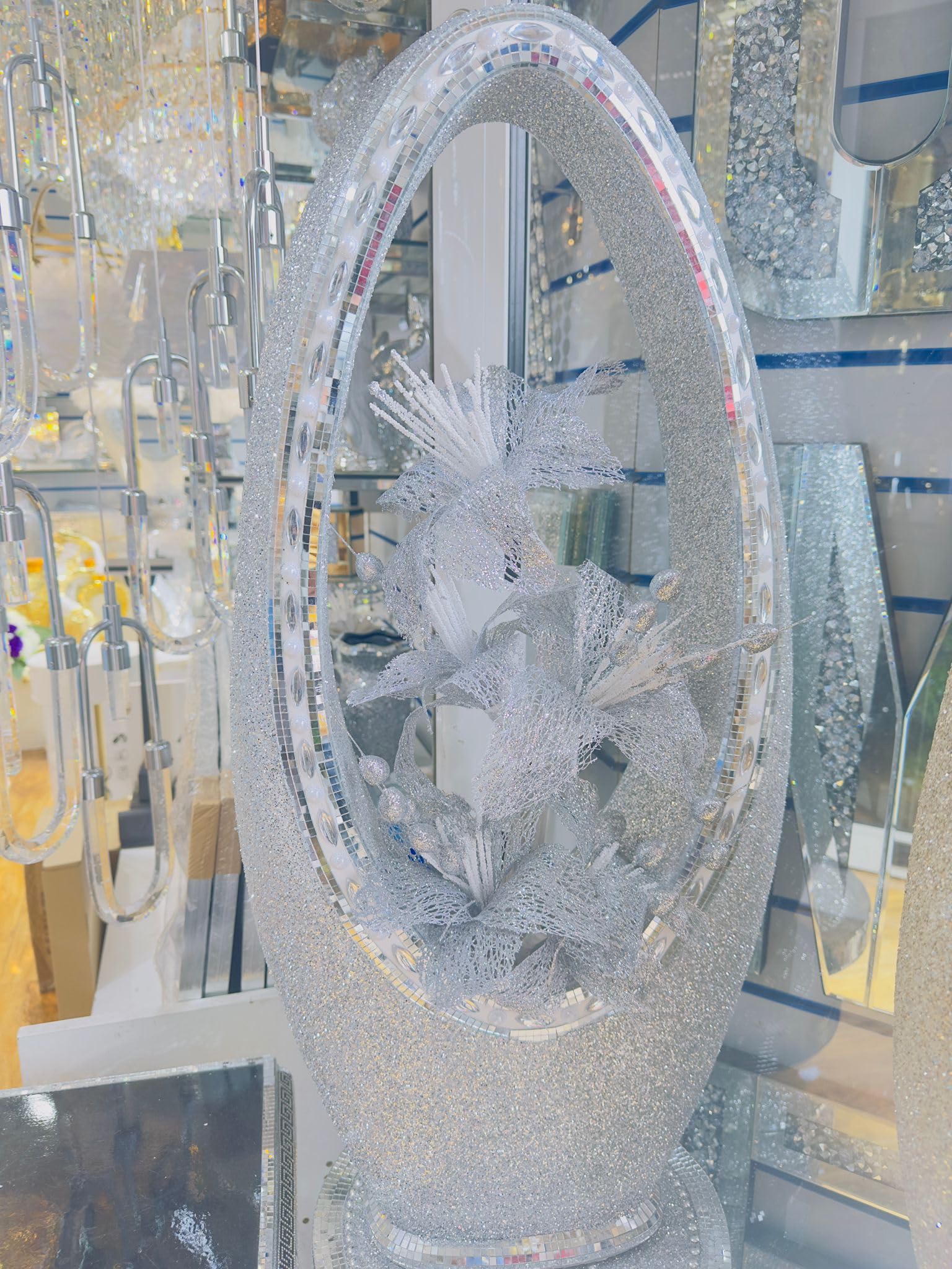 Shabjy Silver Sparkle Crushed Diamanté Flower Vase – 80 Cm Tall Art Deco Bling Centrepiece Vase With Luxury Floral Design, Modern Glitter Crushed Diamond Finish, Perfect For Floor & Table Décor