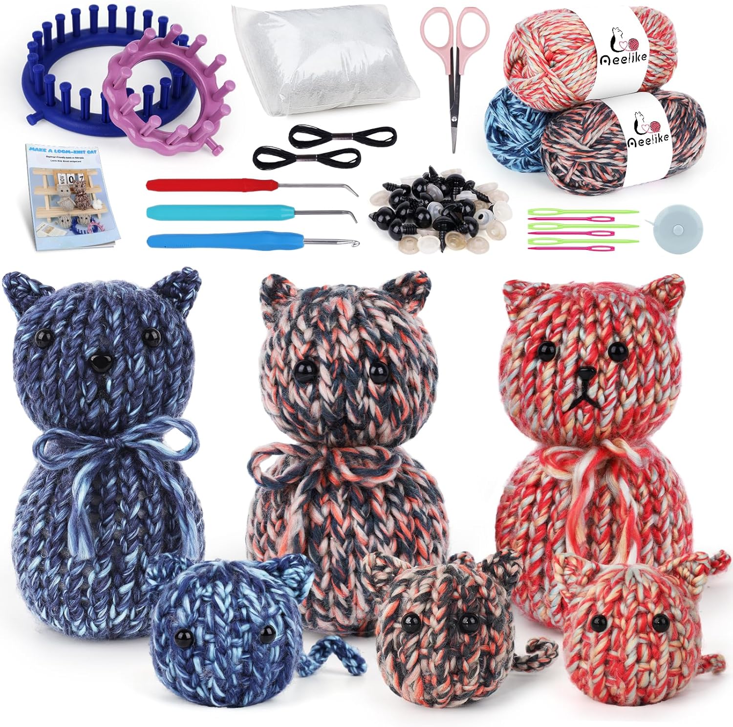 Aeelike Round Loom Knitting Kit for Beginners, Easy to Knit Cat (L&S) Complete Beginner Knitting Loom Kit for Beginners w Step-by-Step Instructions Videos, Family Craft Crochet Animal Gift