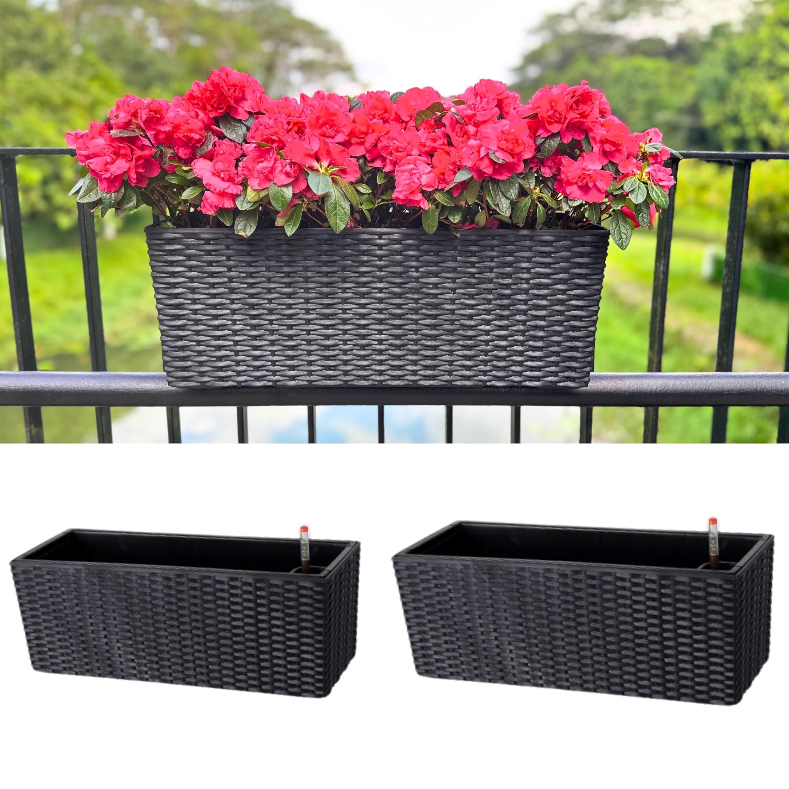 LaLaGreen Outdoor Rail Planter for Balcony (20 Inch, 2 Pack) Large Black Self Watering Deck Railings Planters with Brackets, Rectangular Plastic Fence