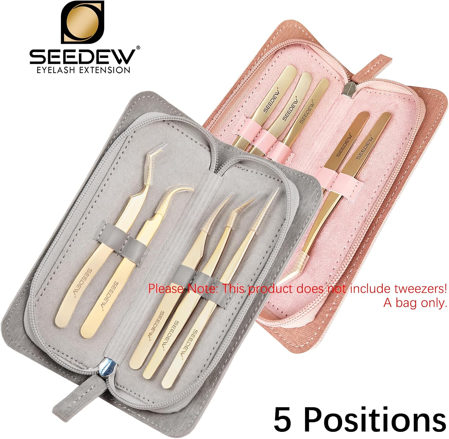 Lash Tweezers Organizer, Eyelash Extension Tweezers Bag, Soft PU 5 Positions Portable Dustproof, Individual Zipper Storage Case Box for Tweezers, Makeup Brush, Slender Small Tools(Grey)