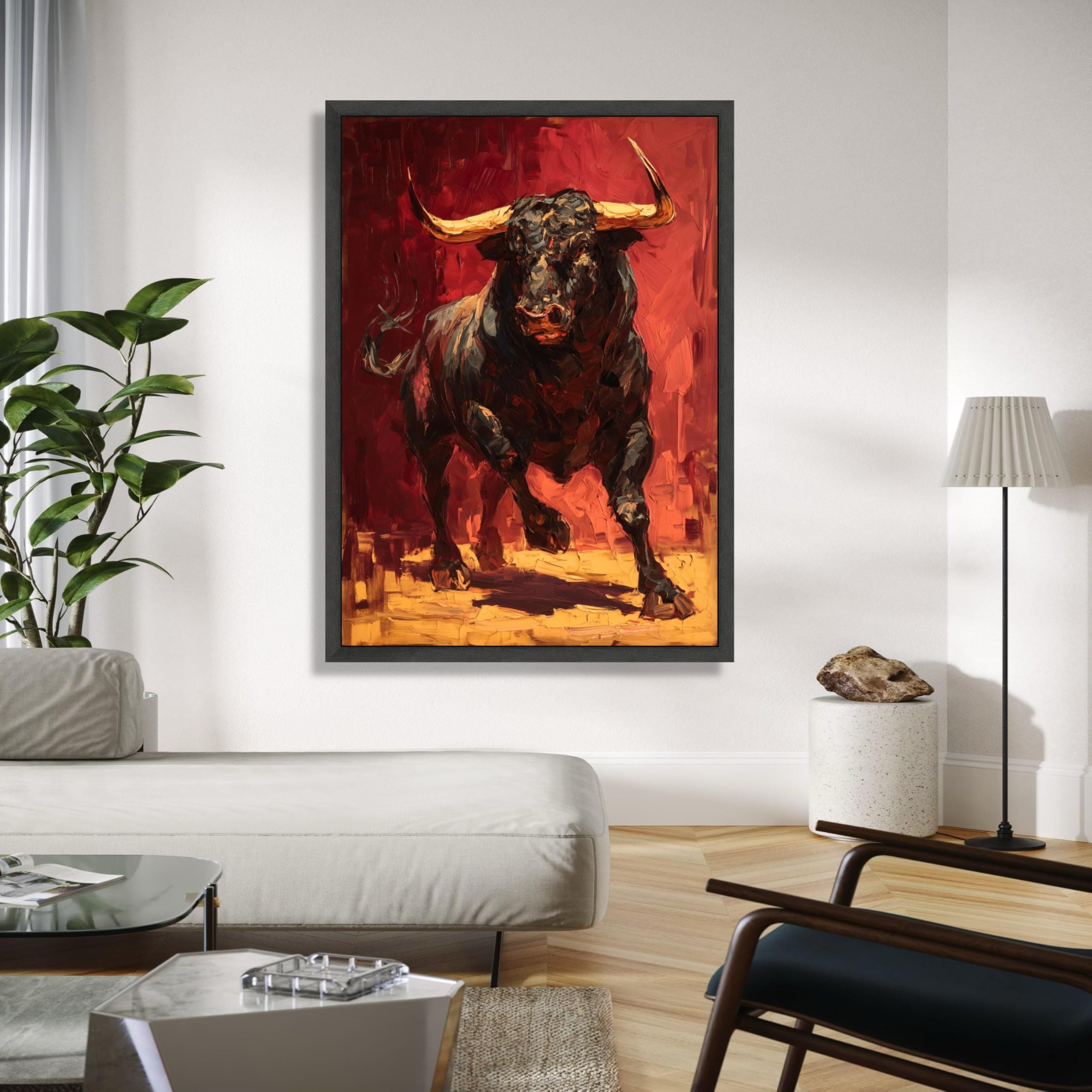 YUSUZHU Leinwandbild „Angreifender Stier“, abstraktes Tiergemälde, rot-schwarzes Kunstwerk, rustikale Wohndekoration, Poster und Drucke (80 x 120 cm/rahmenlos)
