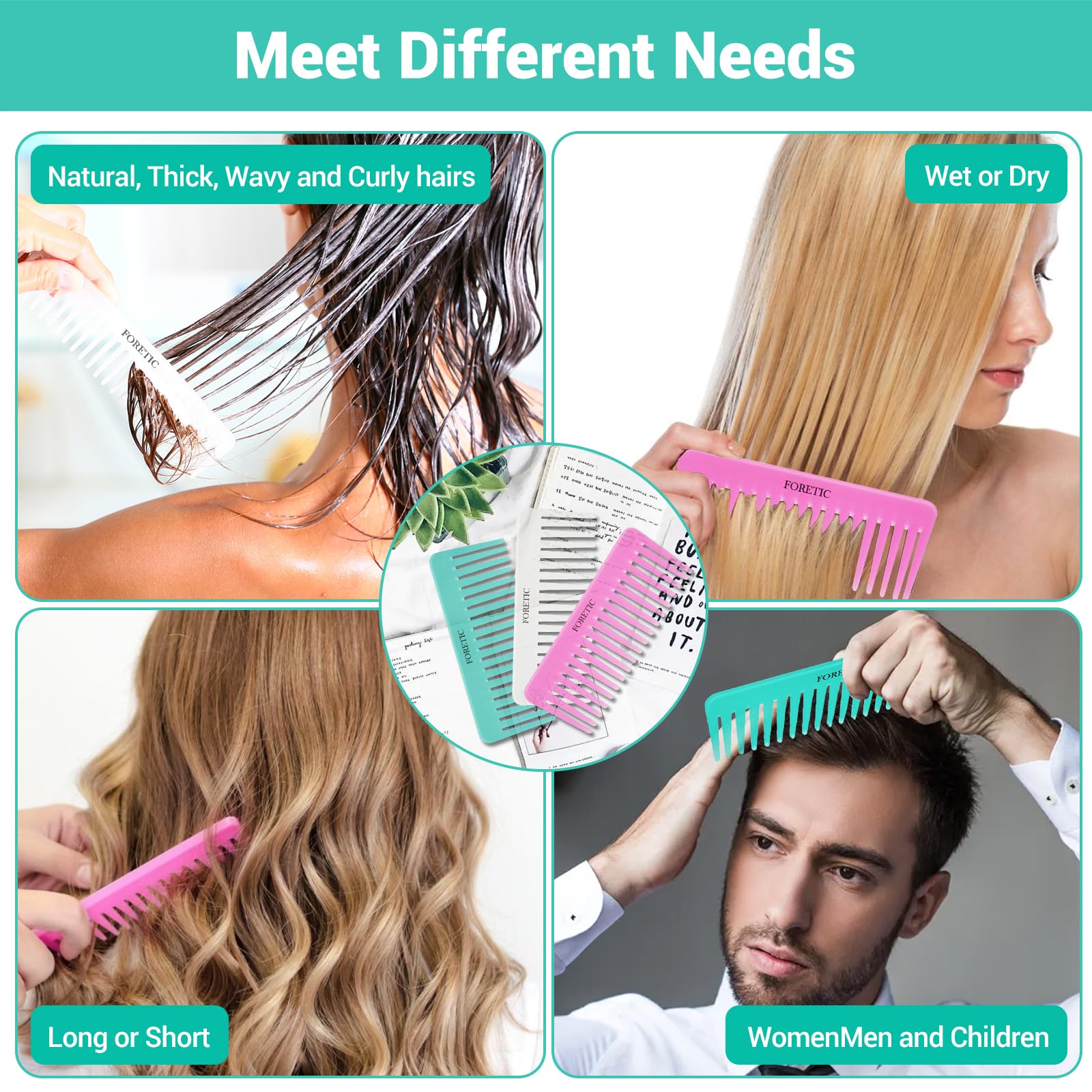 Juego de 3 peines grandes de dientes anchos para mujeres, hombres y niños, desenredante hecho a mano para cabello rizado, largo y corto, corte húmedo y seco, 6.1 pulgadas (rosa, blanco, cian) 6