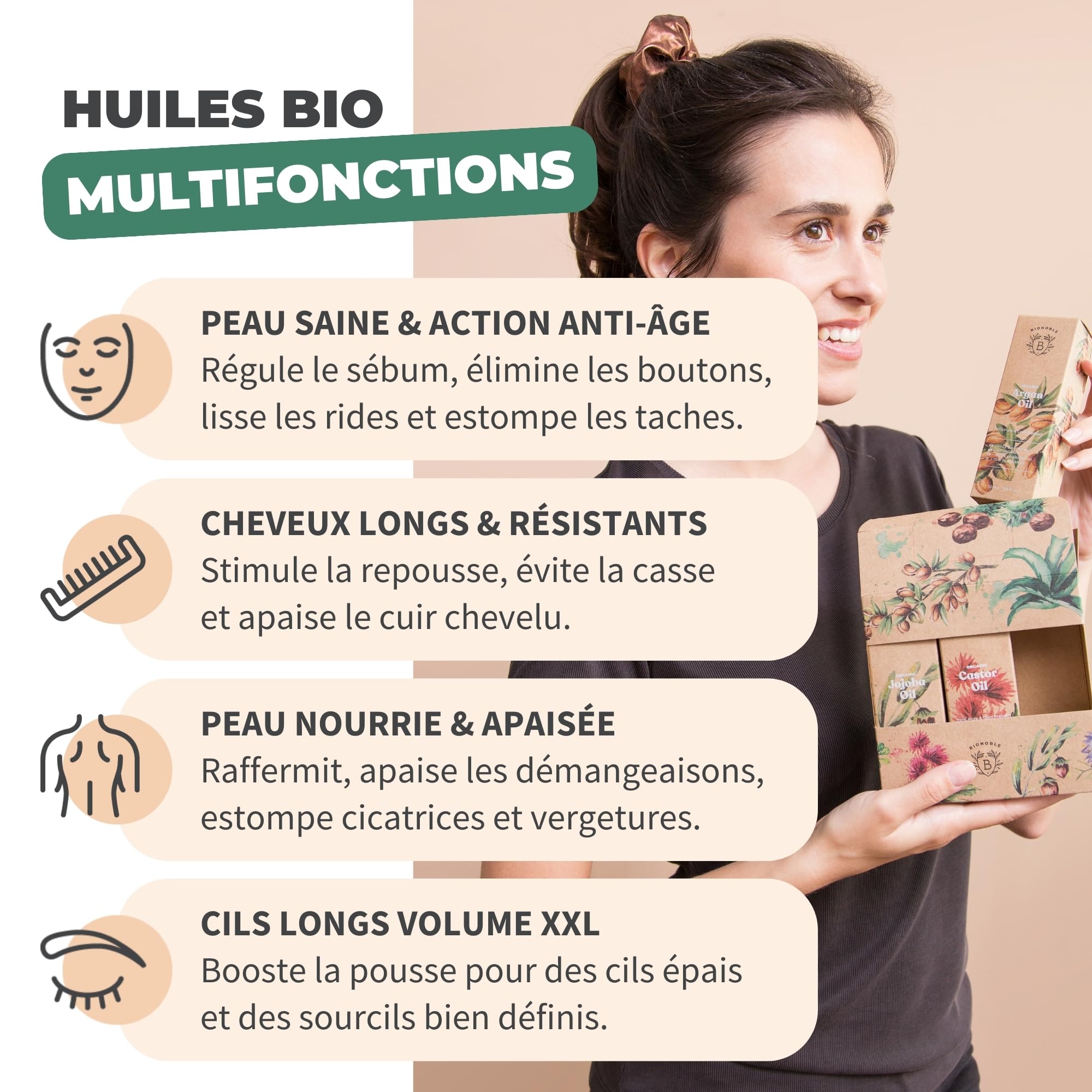 BIONOBLE Coffret Beauté Femme Bio - Huile de Ricin, Argan, Jojoba - 3x100ml | 100% d'Origine Naturelle, Vegan - Soins Visage, Corps, Cheveux - Coffret Cadeau Femme Bio, Idéal à Offrir - Flacons Verre