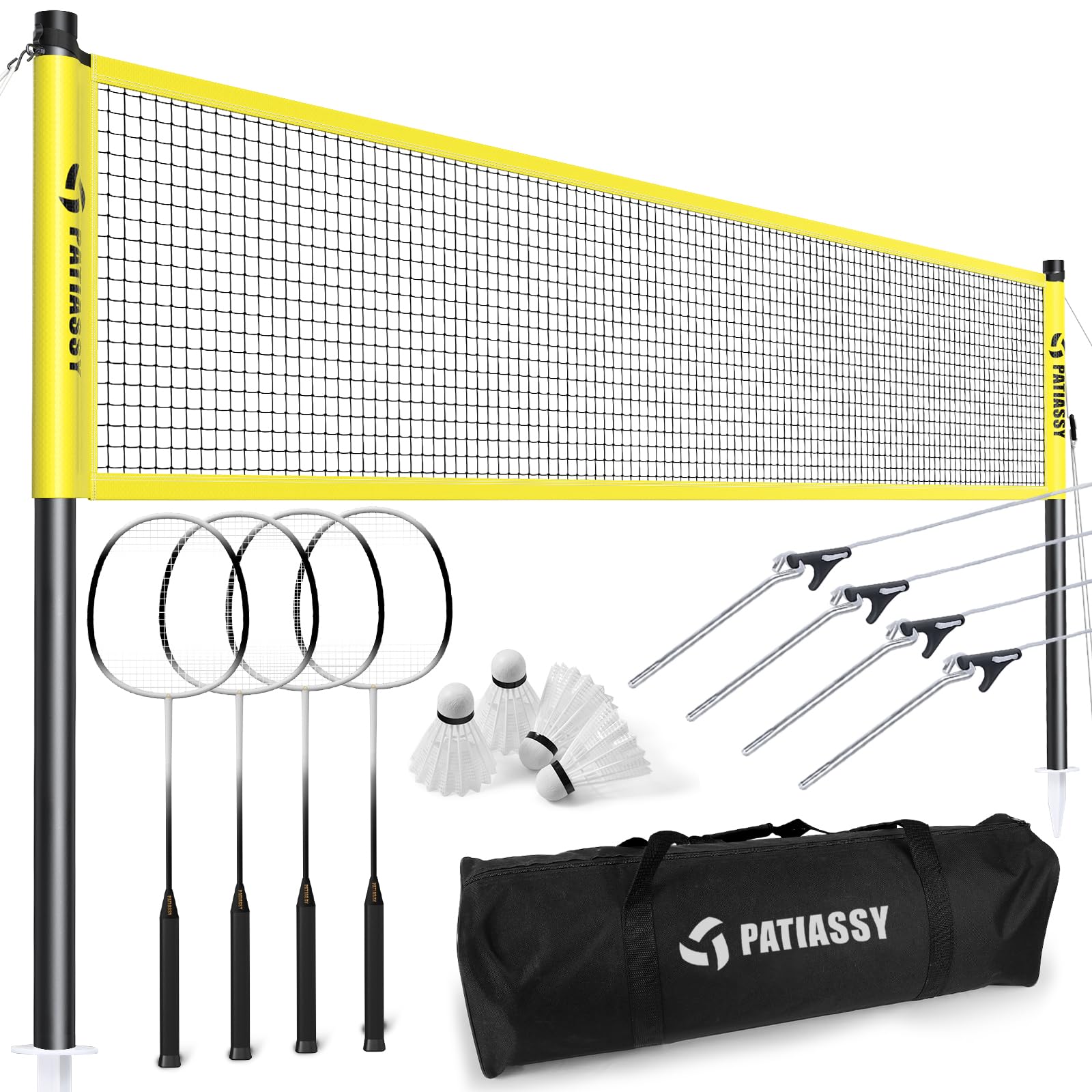 Professional Badminton Set - Includes Portable Outdoor Badminton Net with Winch System, 4 Badminton Rackets, 2 Goose Feather Shuttlecocks and Carrying Bag (Yellow)